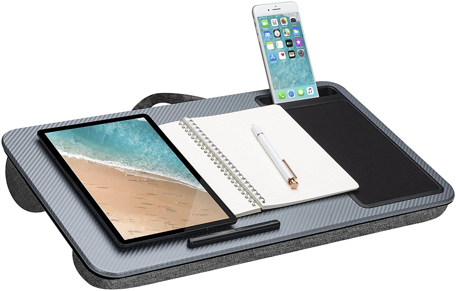 LapGear Home Office Lap Desk with Device Ledge, Mouse Pad, and Phone Holder - Silver Carbon - Fits Up to 15.6 Inch Laptops - Style No. 91585
