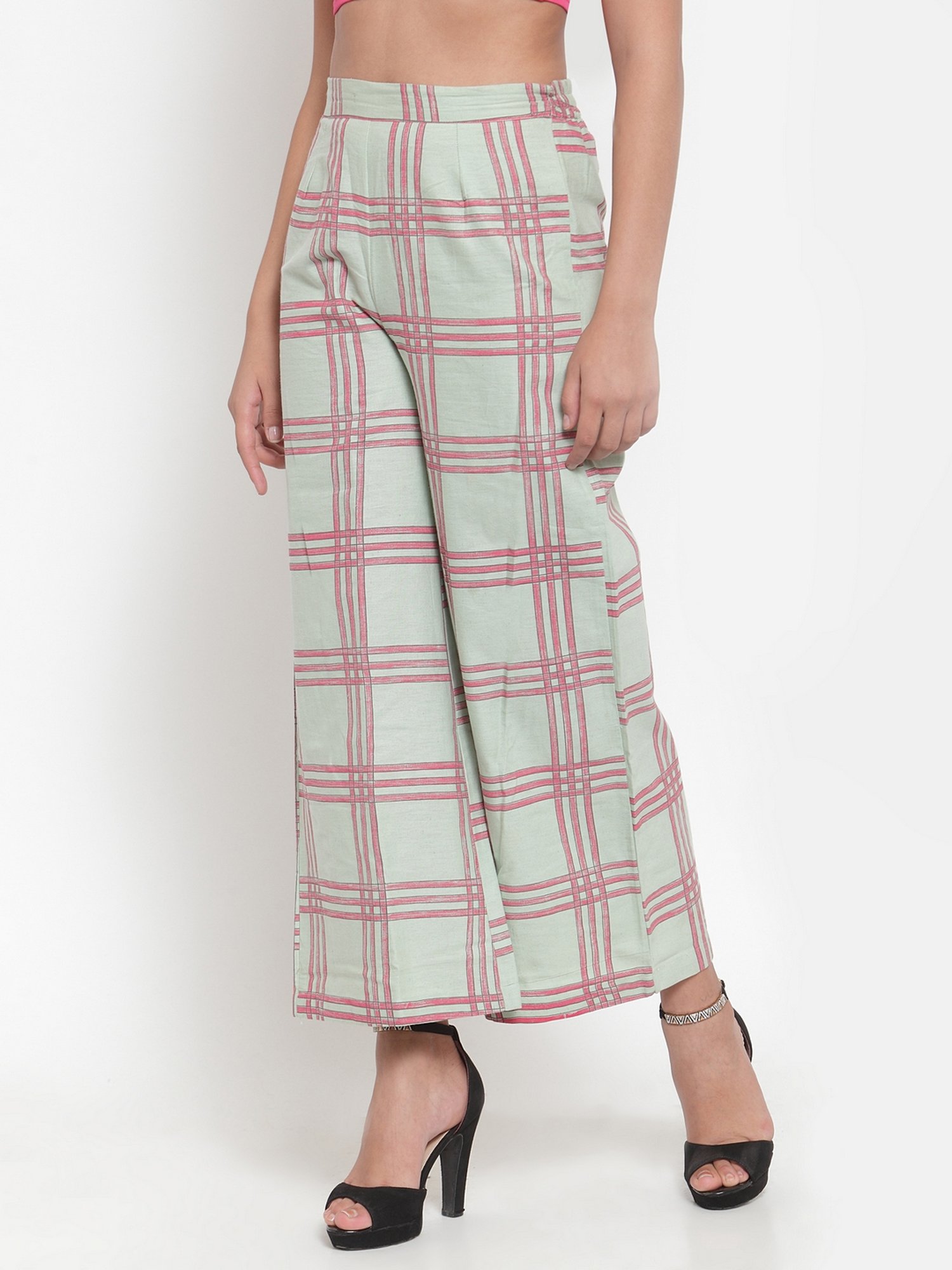 Indibelle Pista Green Cotton Chequered Palazzos