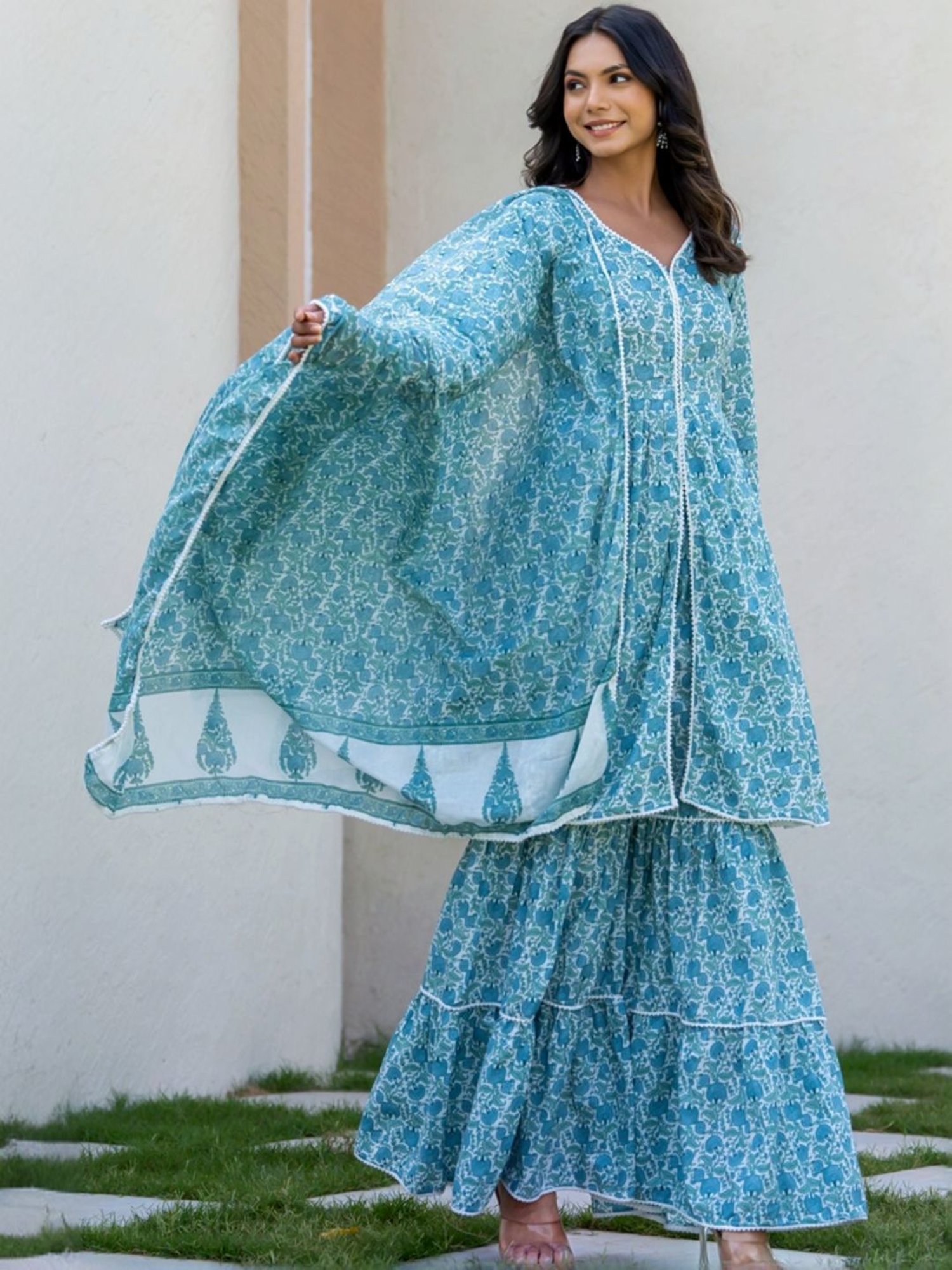 HOUSE OF JAMOTI Blue Cotton Printed Short Kurti Sharara Set With Dupatta