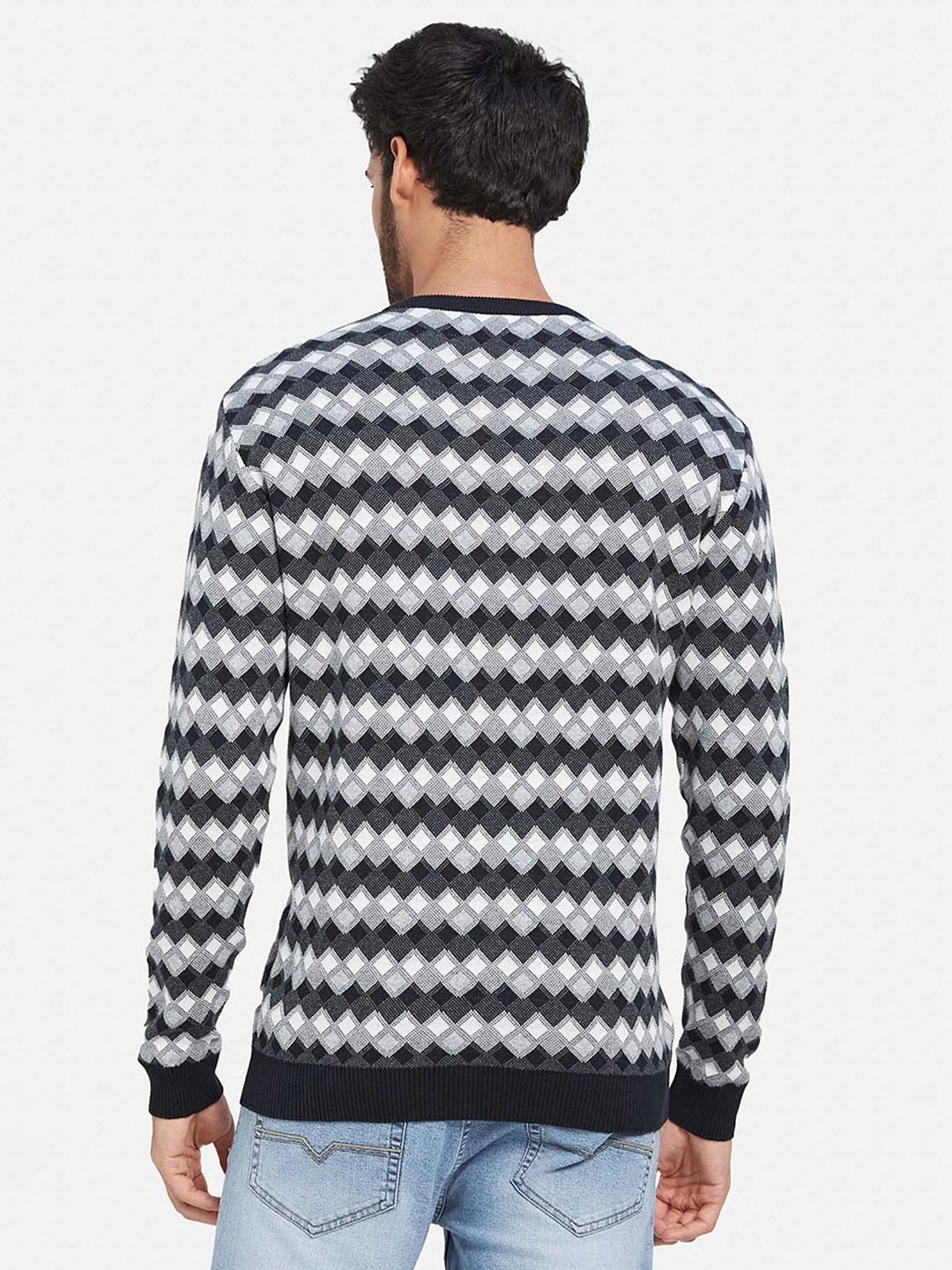 METTLE Navy Regular Fit Geometric Print Round Neck Sweater