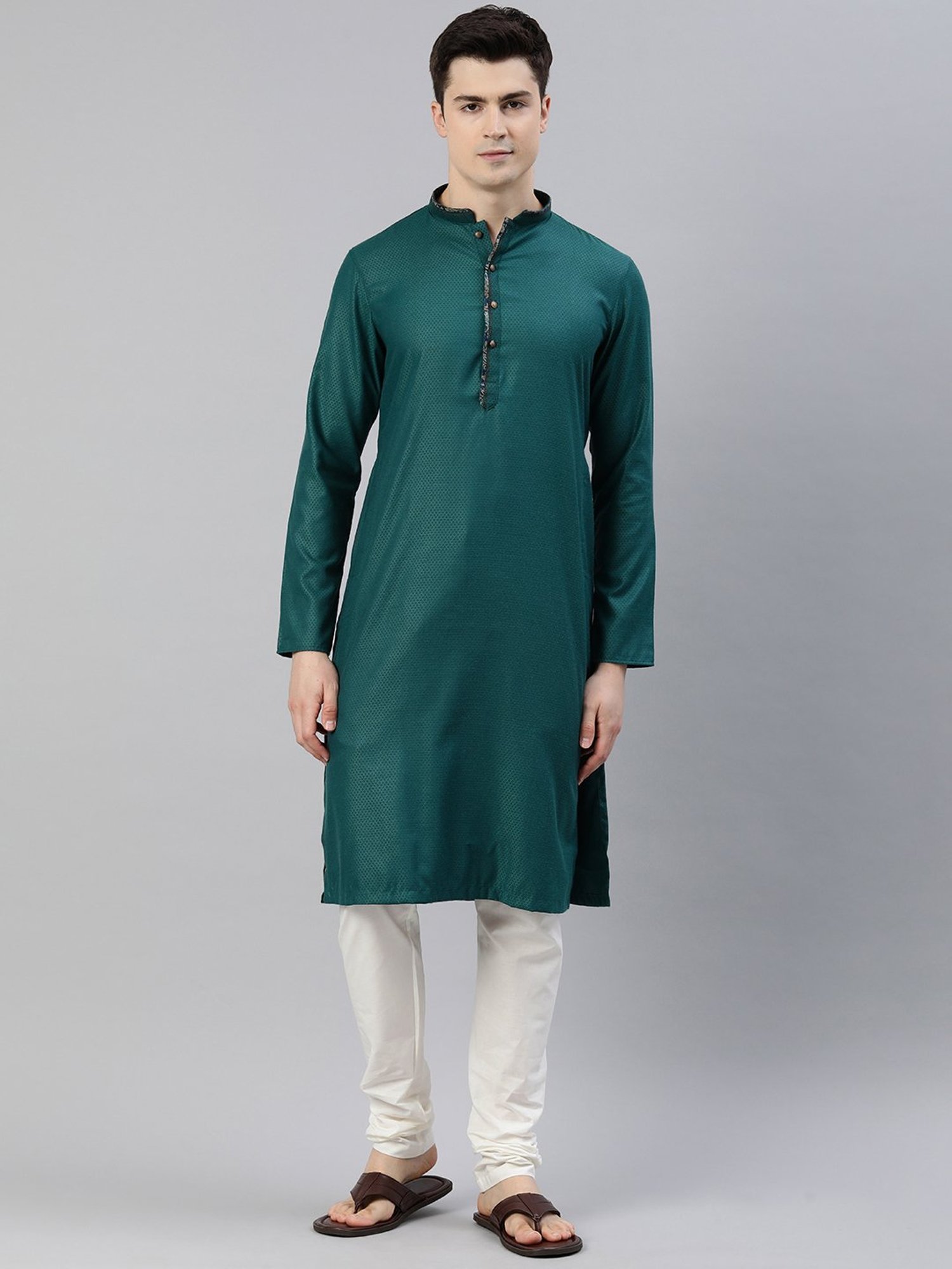 Manthan Green & Cream Regular Fit Self Design Kurta & Pyjamas Set