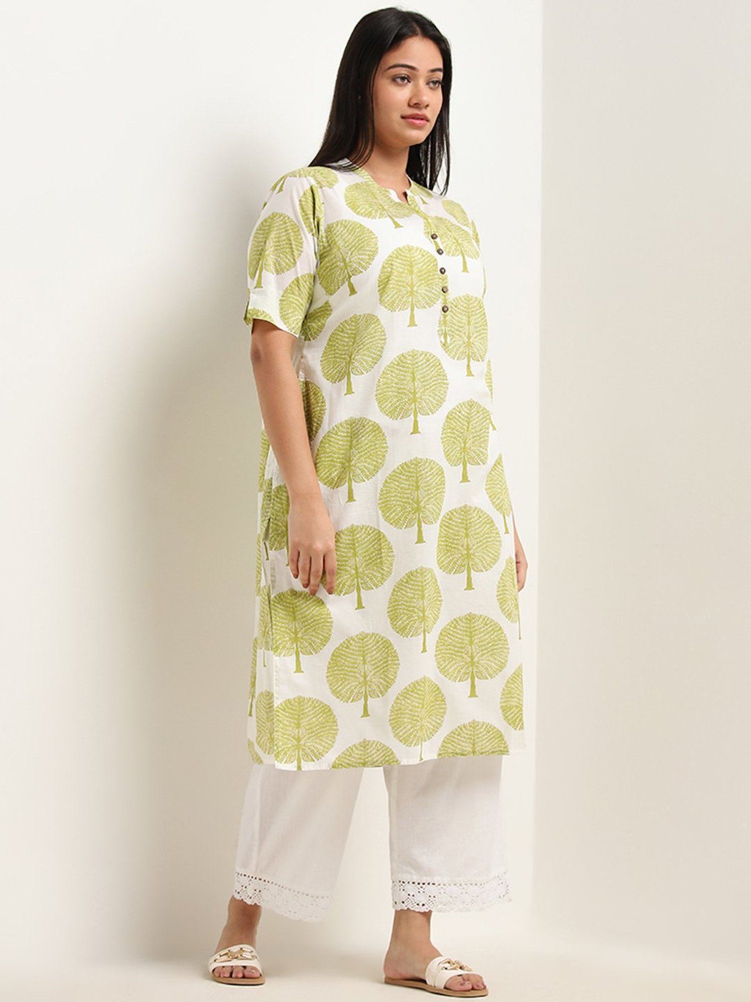 Diza by Westside Lime Foliage Printed Straight Cotton Kurta