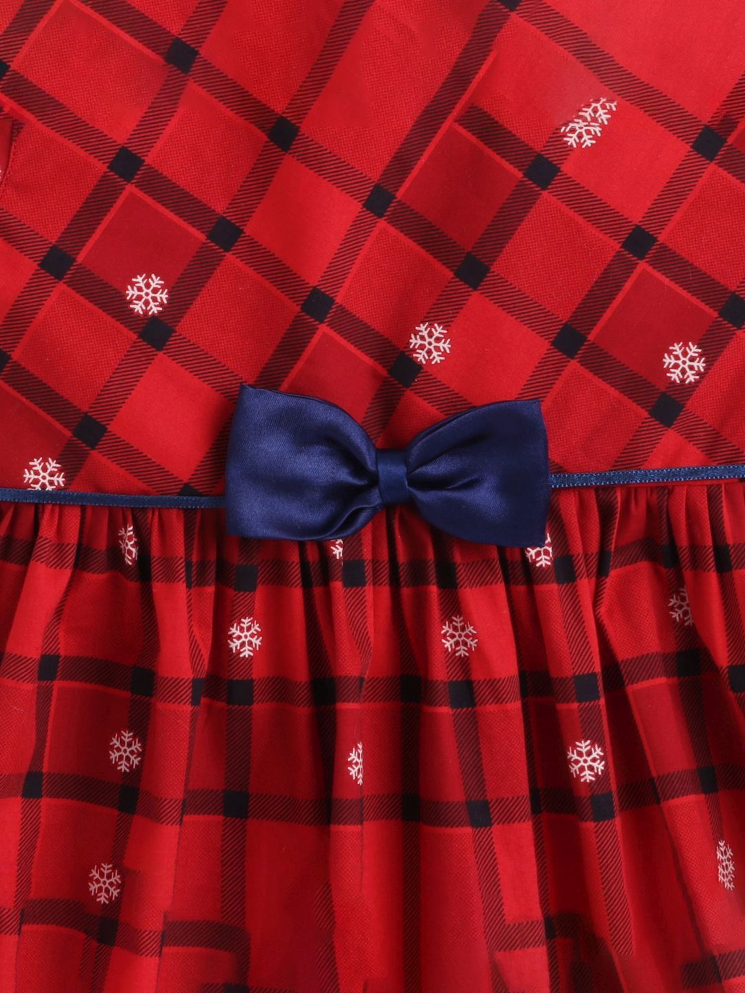 Many Frocks Kids Red Cotton Chequered Snow Flakes Dress