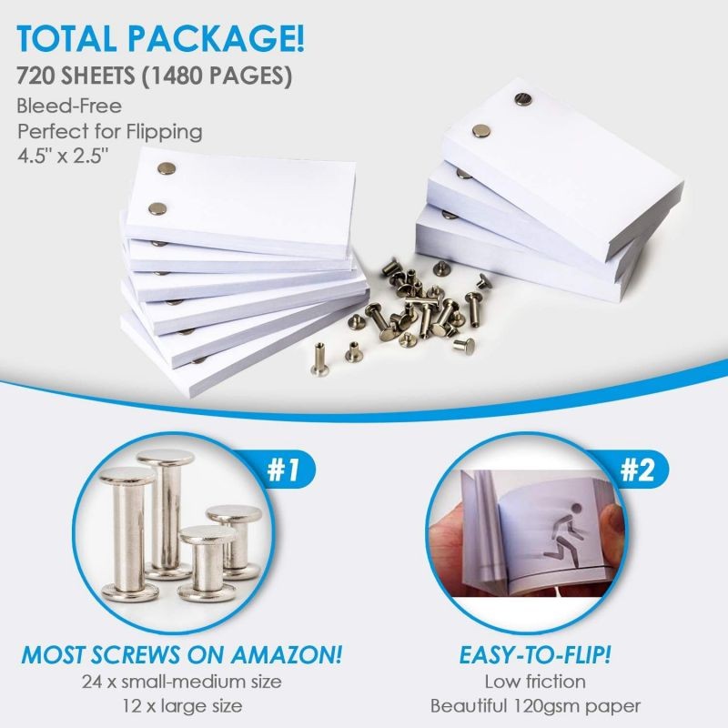 KONIBN Blank Flip Book Paper with Holes, 720 Sheets Flipbook Animation Paper, 4.5&rdquo; x 2.5&rdquo; Sketch Paper for Drawing, Sketching & Animating, Includes 36 Screws in 2 Sizes