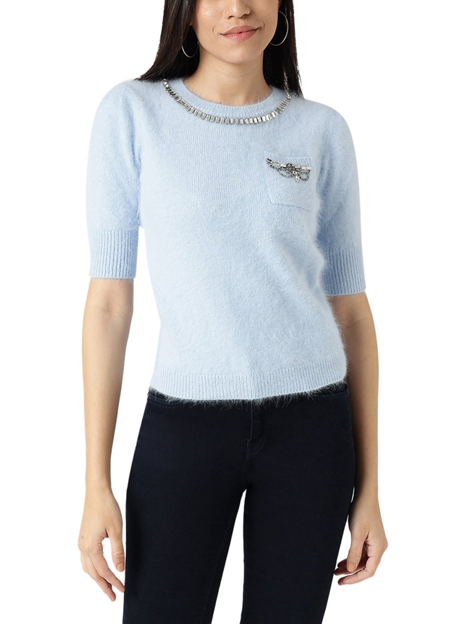 Liu Jo Light Blue Embellished Regular Fit Sweater