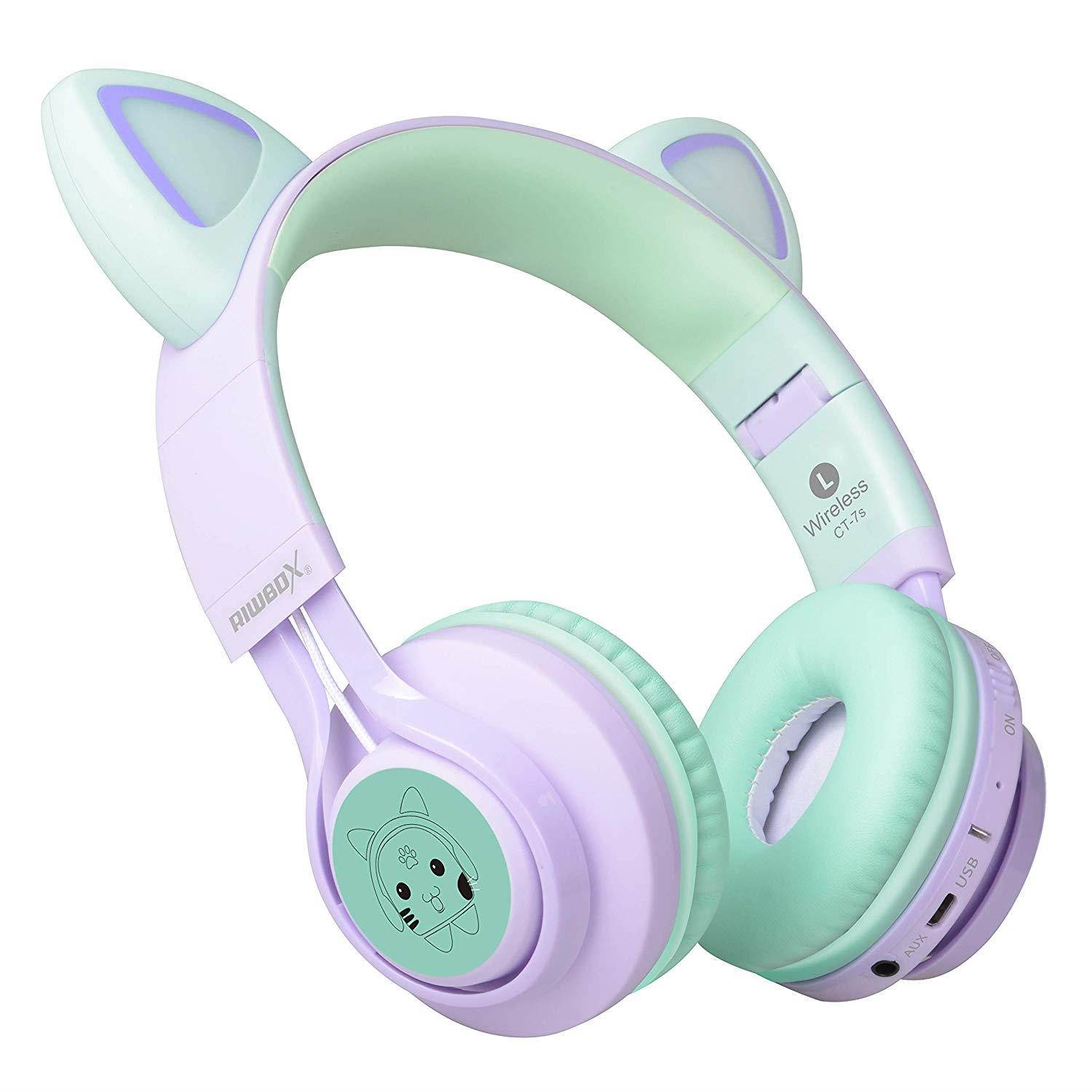 Kids Headphones, Riwbox CT-7S Cat Ear Bluetooth Headphones 85dB Volume Limiting,LED Light Up Kids Wireless Headphones Over Ear with Microphone for iPhone/iPad/Kindle/Laptop/PC/TV (Purple&Green)
