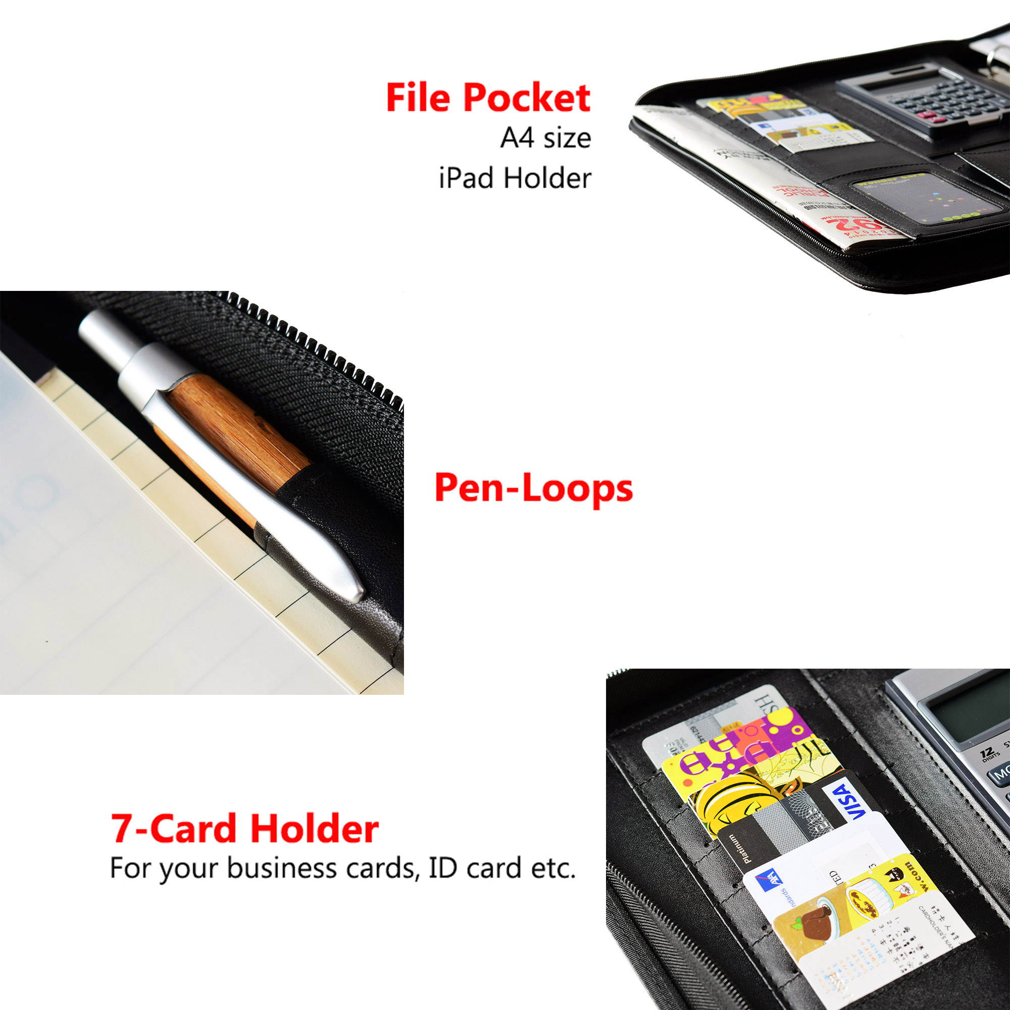 Black PU Leather Padfolio Organizer Documents Holder with Notepad & Calculator