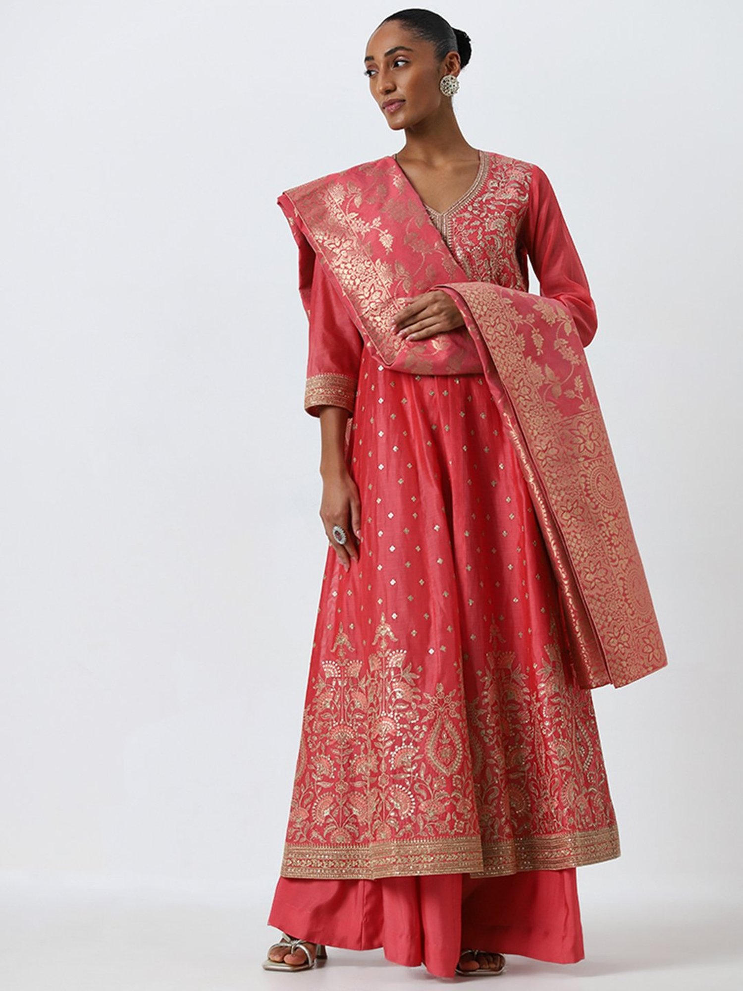 Vark by Westside Pink Floral Embroidered Kurta, Skirt and Dupatta Set