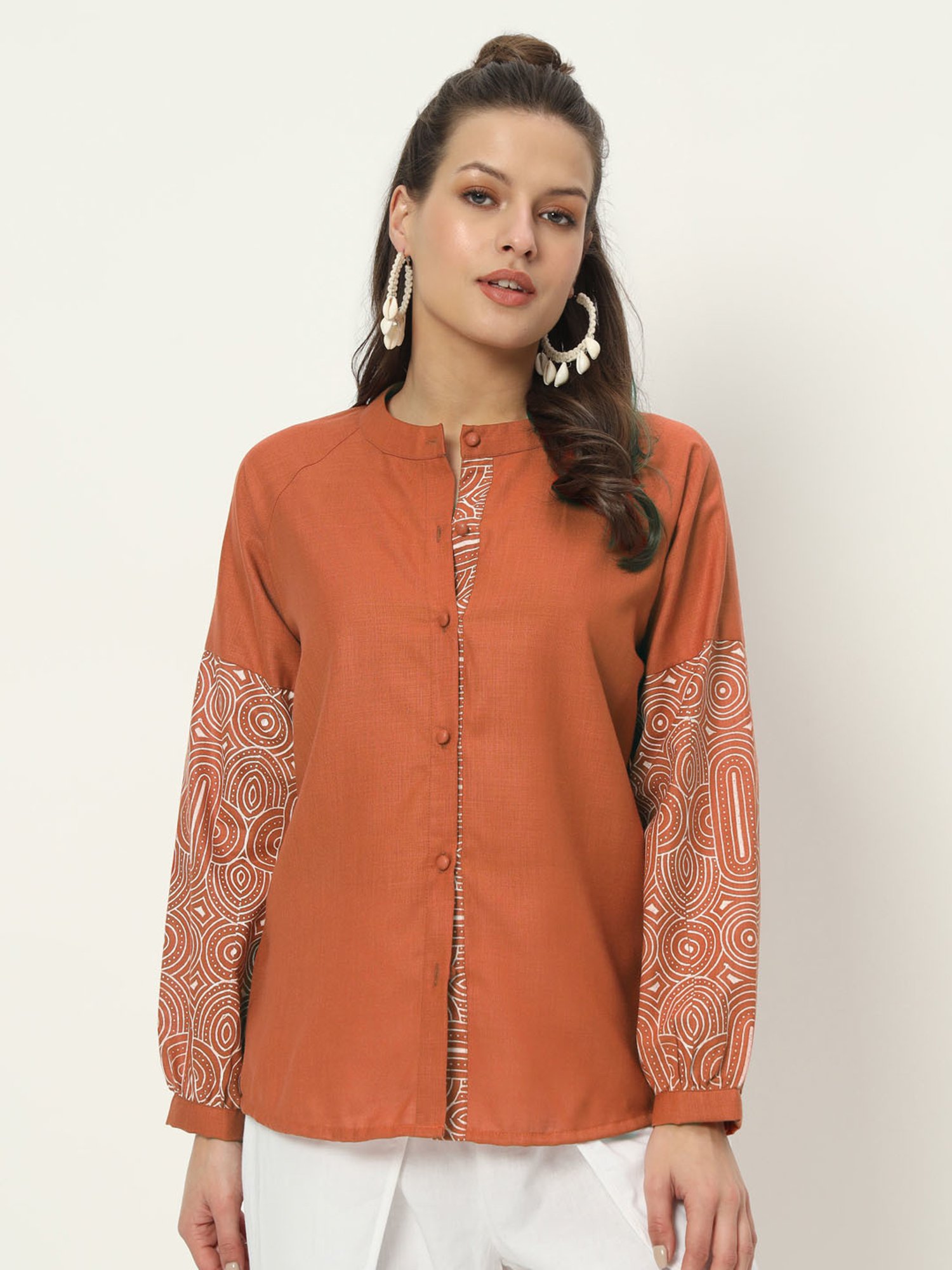 9rasa Rust Cotton Printed Shirt