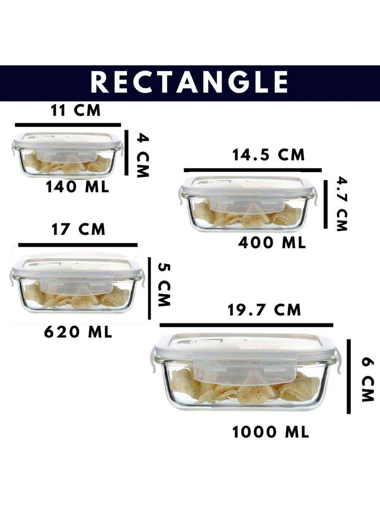Femora Glass Rectangular Storage Container with Lid (140 ml, 400 ml, 620 ml & 1000 ml) - Set of 4