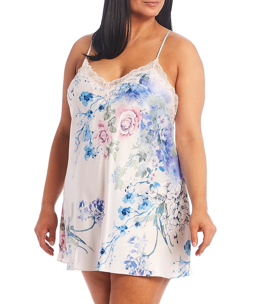 In Bloom by Jonquil Plus Floral Print Matte Satin Chemise