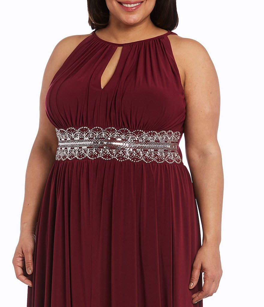 R & M Richards Plus Size Halter Keyhole Neck Sleeveless Beaded Bodice A-Line Gown