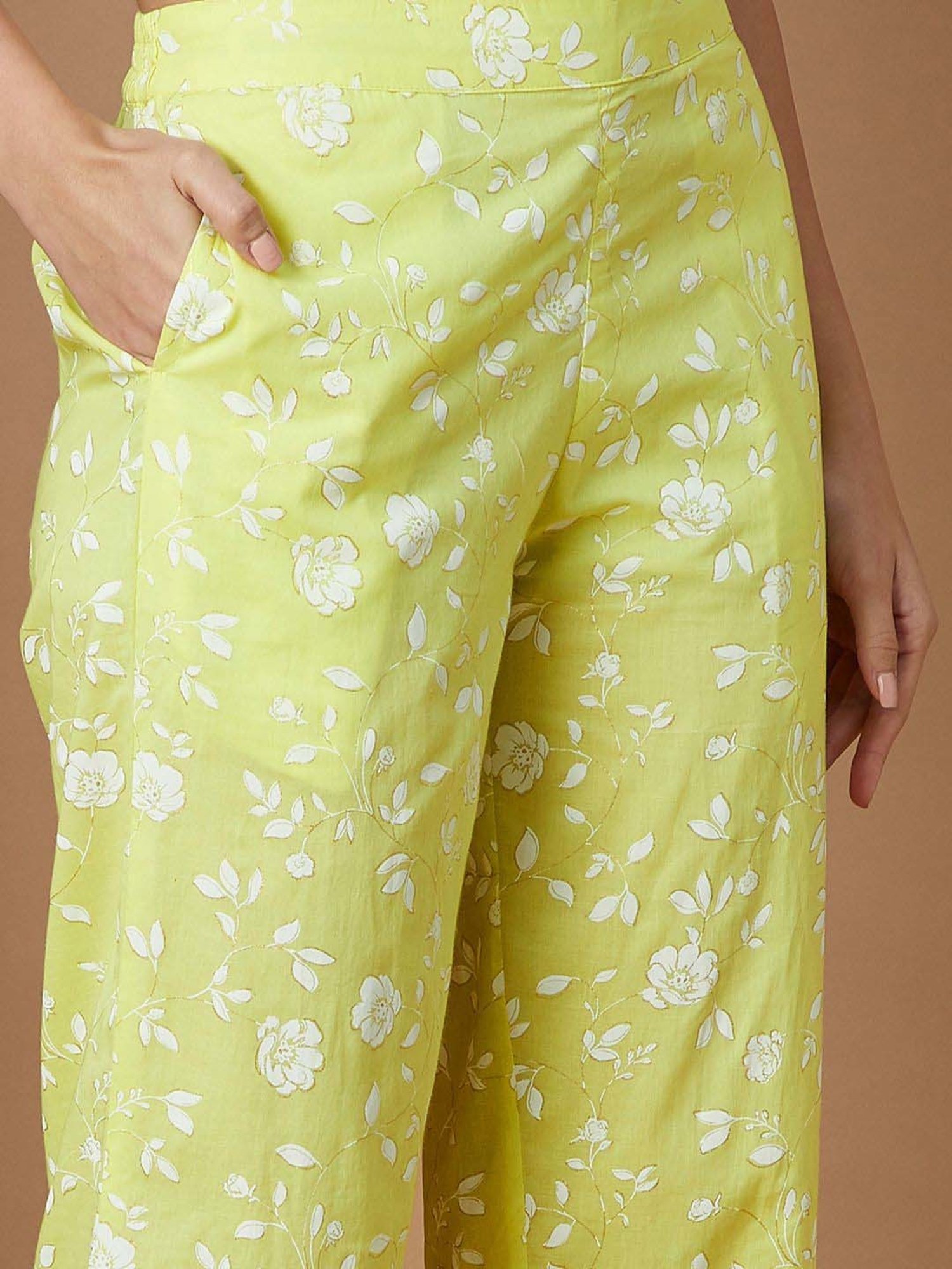 Melange by Lifestyle Lime Yellow Cotton Printed Kurta & Pant Set