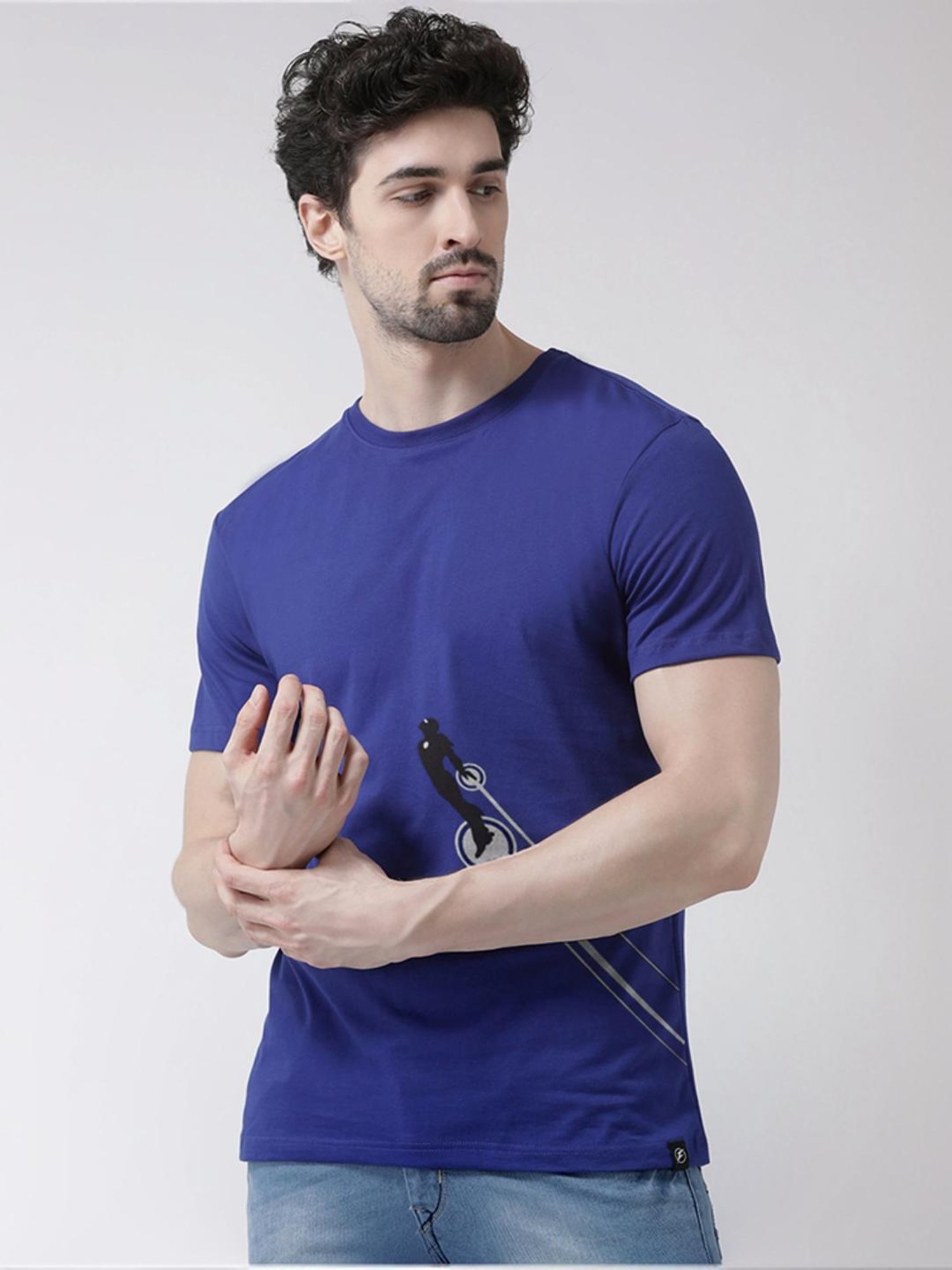 Friskers Blue Cotton Slim Fit Printed T-Shirt