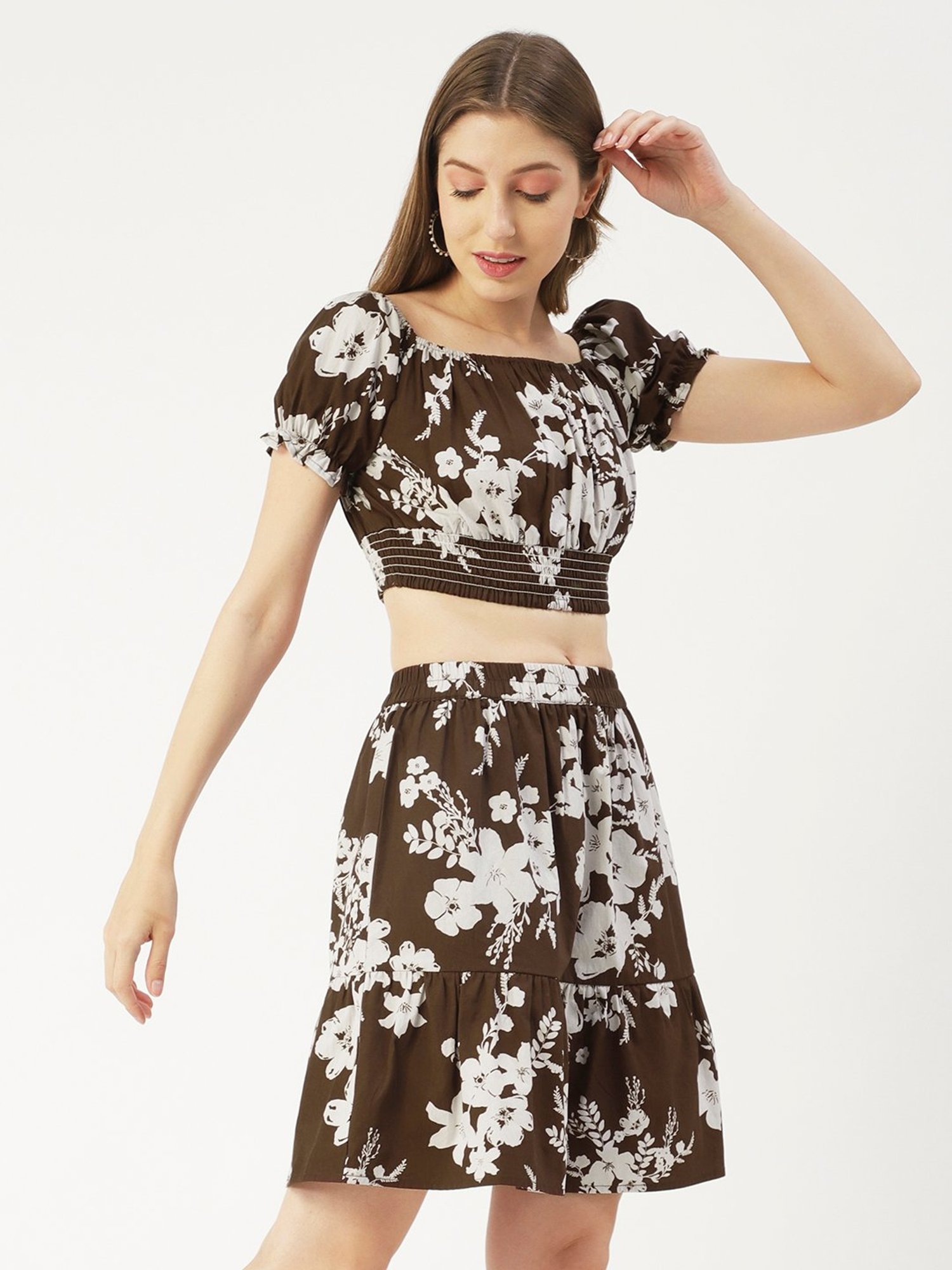 Moomaya Brown & White Floral Print Crop Top With Skirt