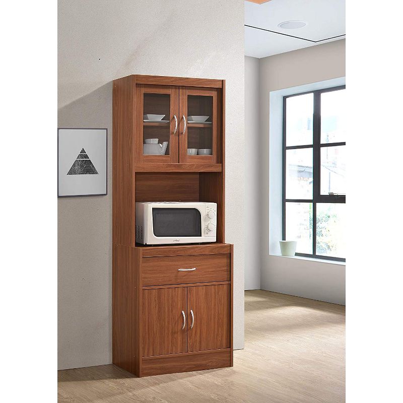 Hodedah Import Standing 70 Inch Tall Top and Bottom Shelf Enclosed Kitchen China Cabinet with Drawer, Cherry