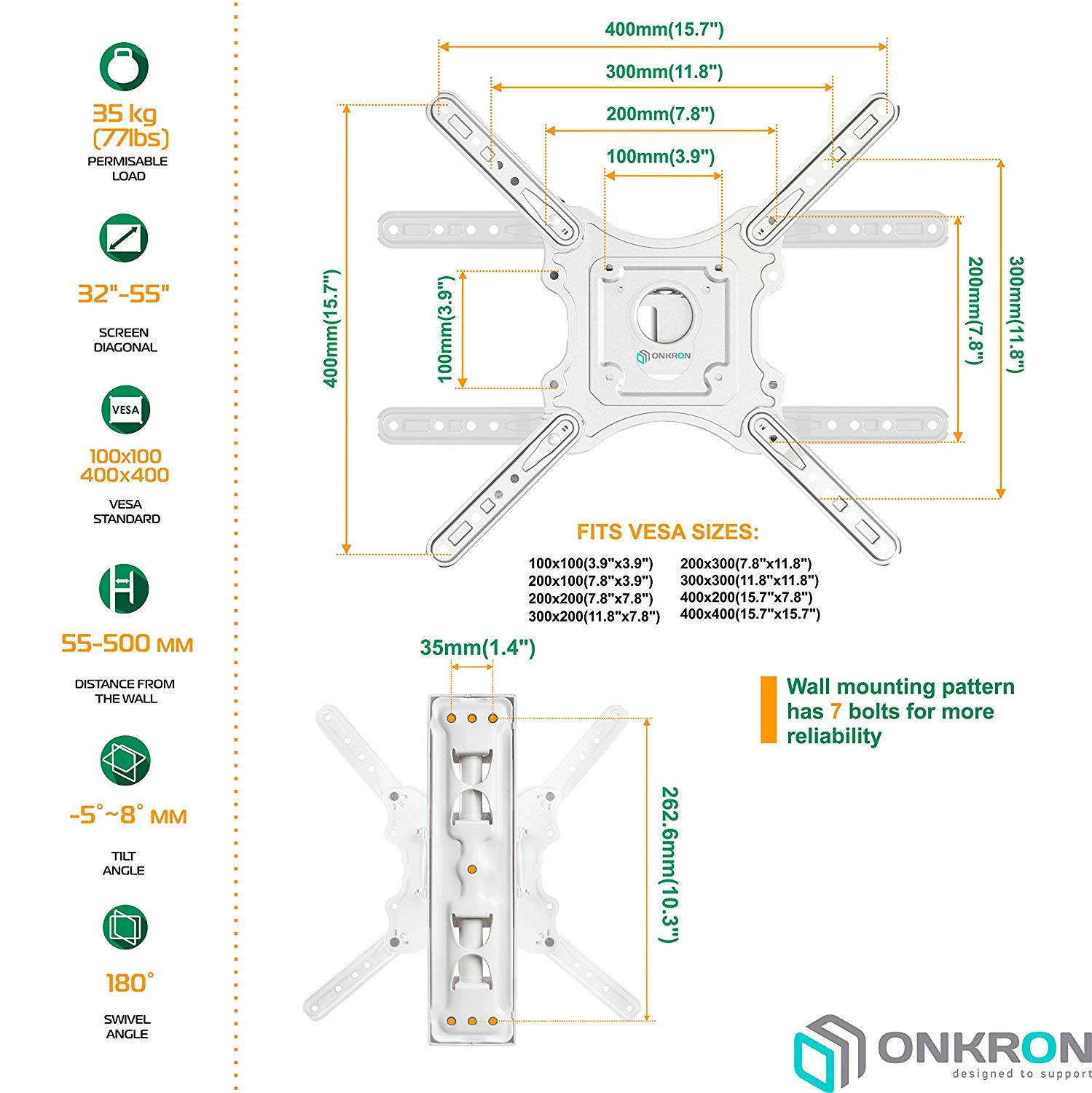 ONKRON TV Wall Mount Bracket Full Motion for 32" to 55-inch LCD LED OLED Flat Screens up to 77 lbs with Extendable Adjustable Swivel Arm White M4