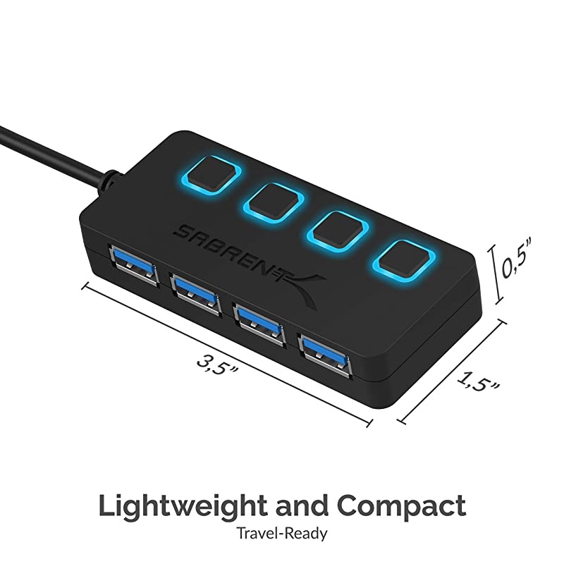 4Port USB 30 Hub with Individual LED Power Switches | 2 Ft Cable | Slim Portable | for Mac PC HBUM43