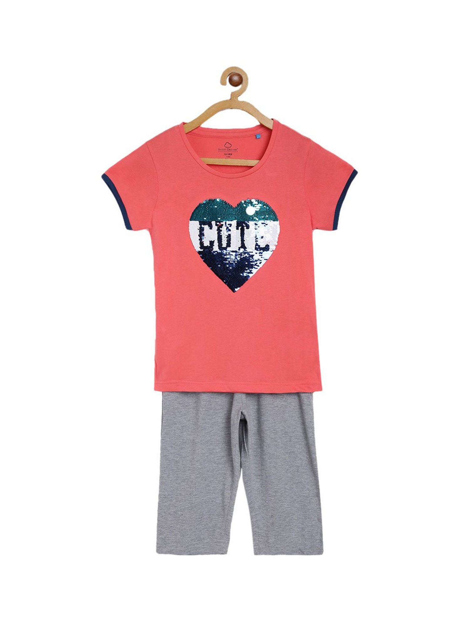 Sweet Dreams Girls Coral & Grey Embellished T-Shirt with Capris