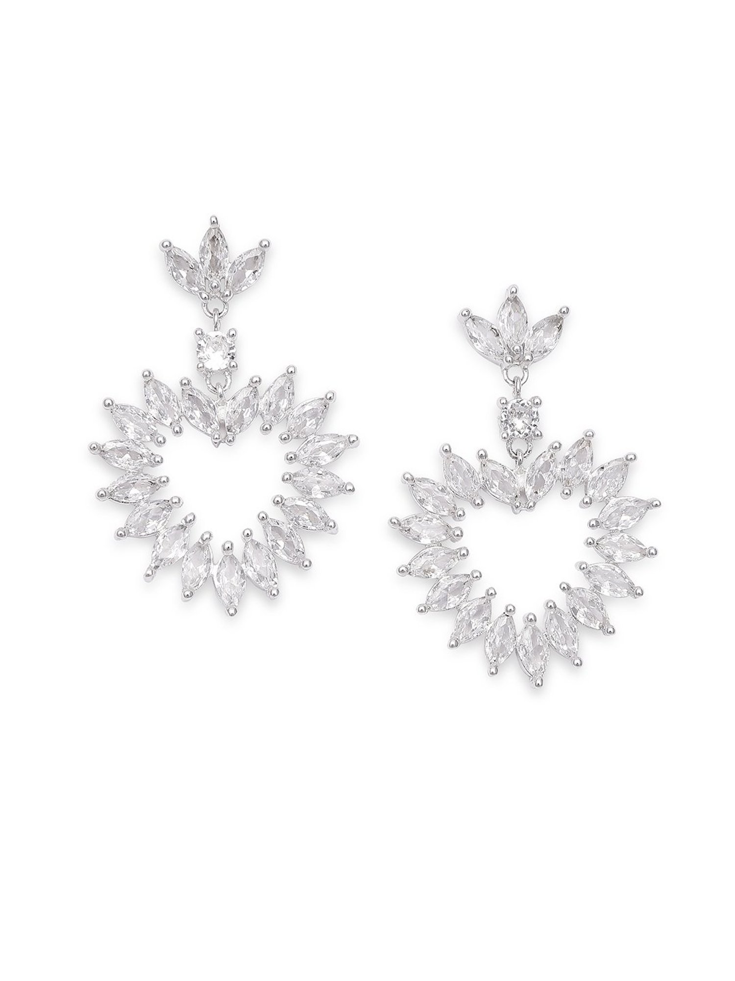 Lilly & Sparkle Brass Rhodium Plated CZ Stone Studded Heart Shape Dangler Earrings