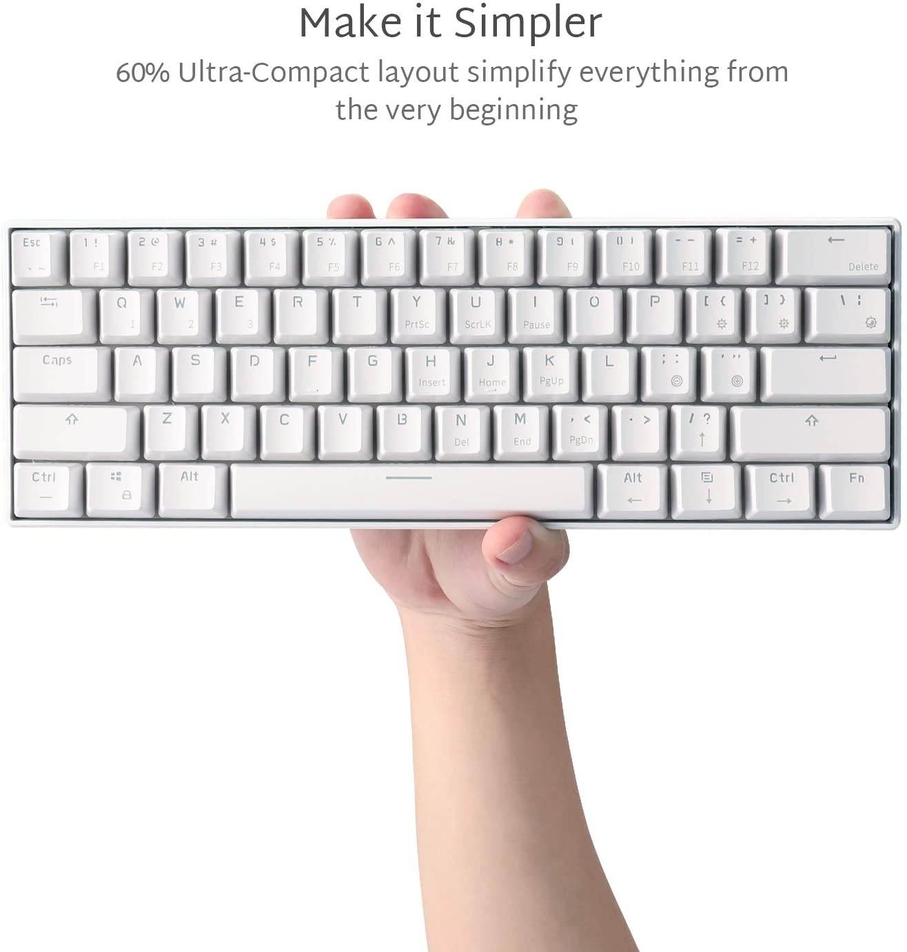 Wireless 60% Mechanical Gaming Keyboard, Ultra-Compact Bluetooth Mechanical Keyboard with 10 Hours Battery Life and Blue Switches, Compatible for Multi-Device Connection, White