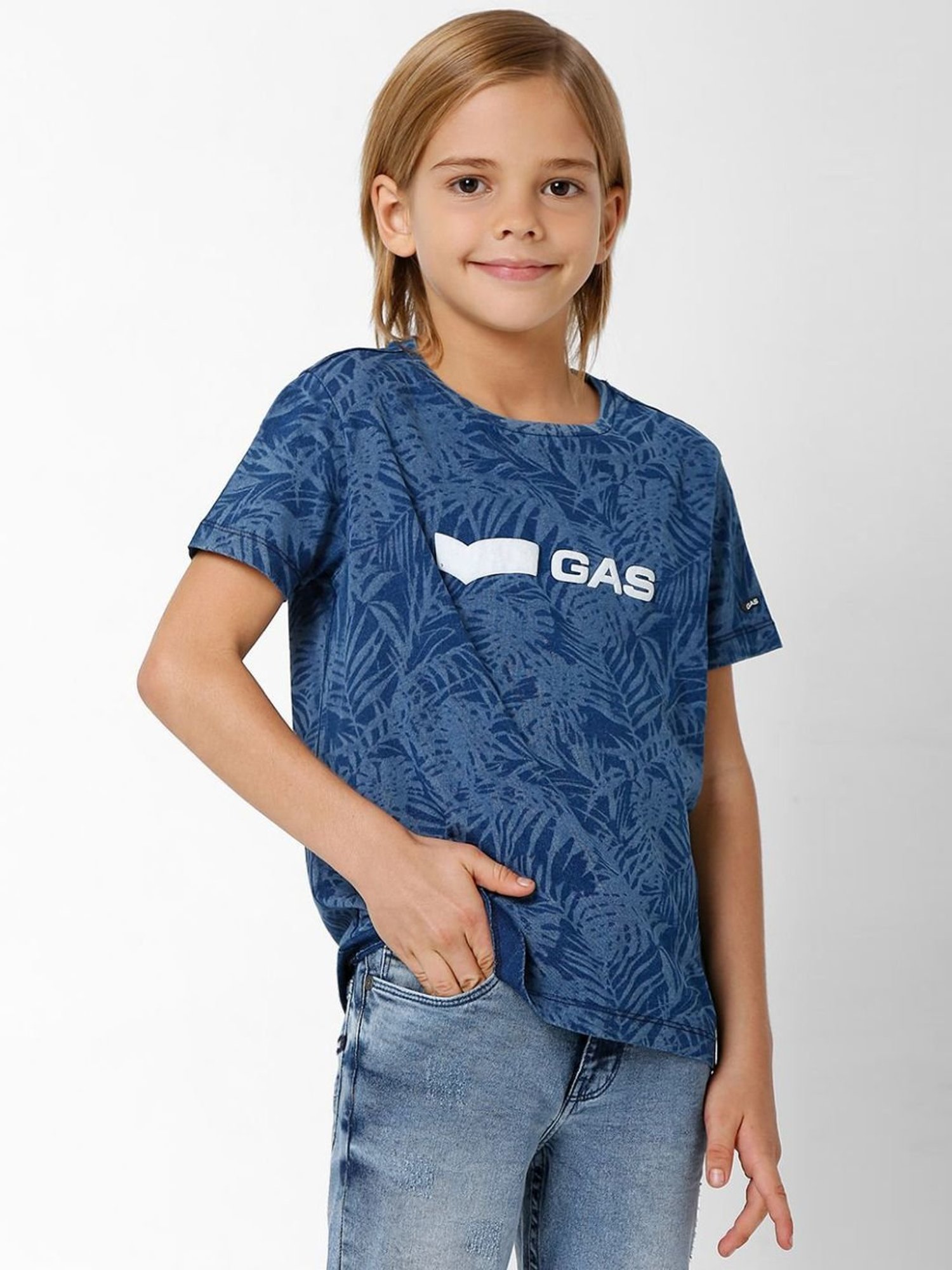 Gas Kids Blue Cotton Printed T-Shirt