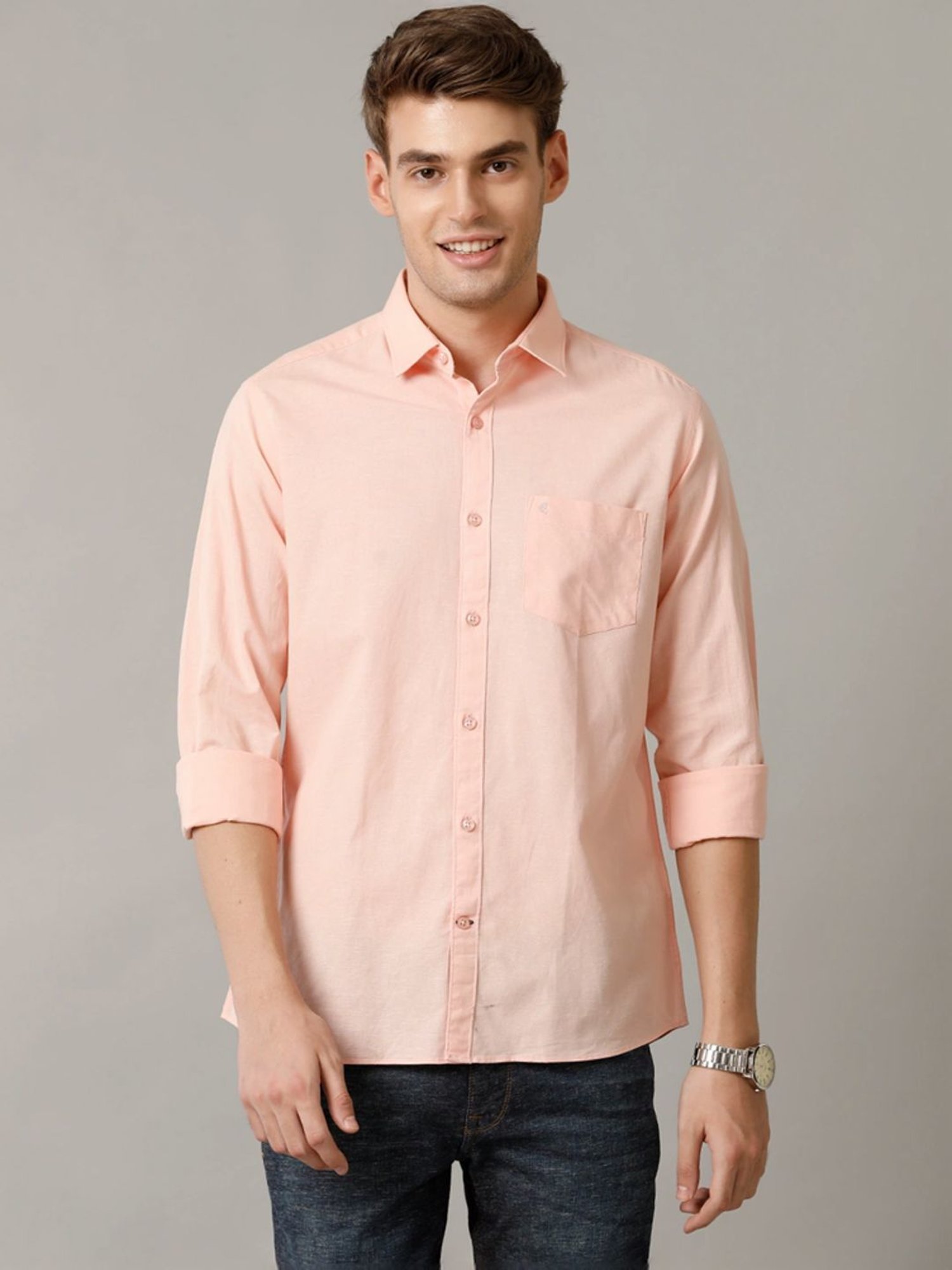Cavallo By Linen Club Peach Linen Contemporary Fit Shirt