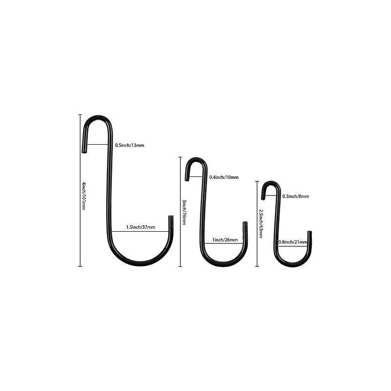 21 Pack Heavy Duty S Hooks Black S Shaped Hooks Hanging Hangers Hooks for Pan, Pot, Coat, Bag, Plants Kitchen, Bathroom, Bedroom and Office(21 Pack/S Hook/Black/ 3 Assortment 2.5"/3"/4")