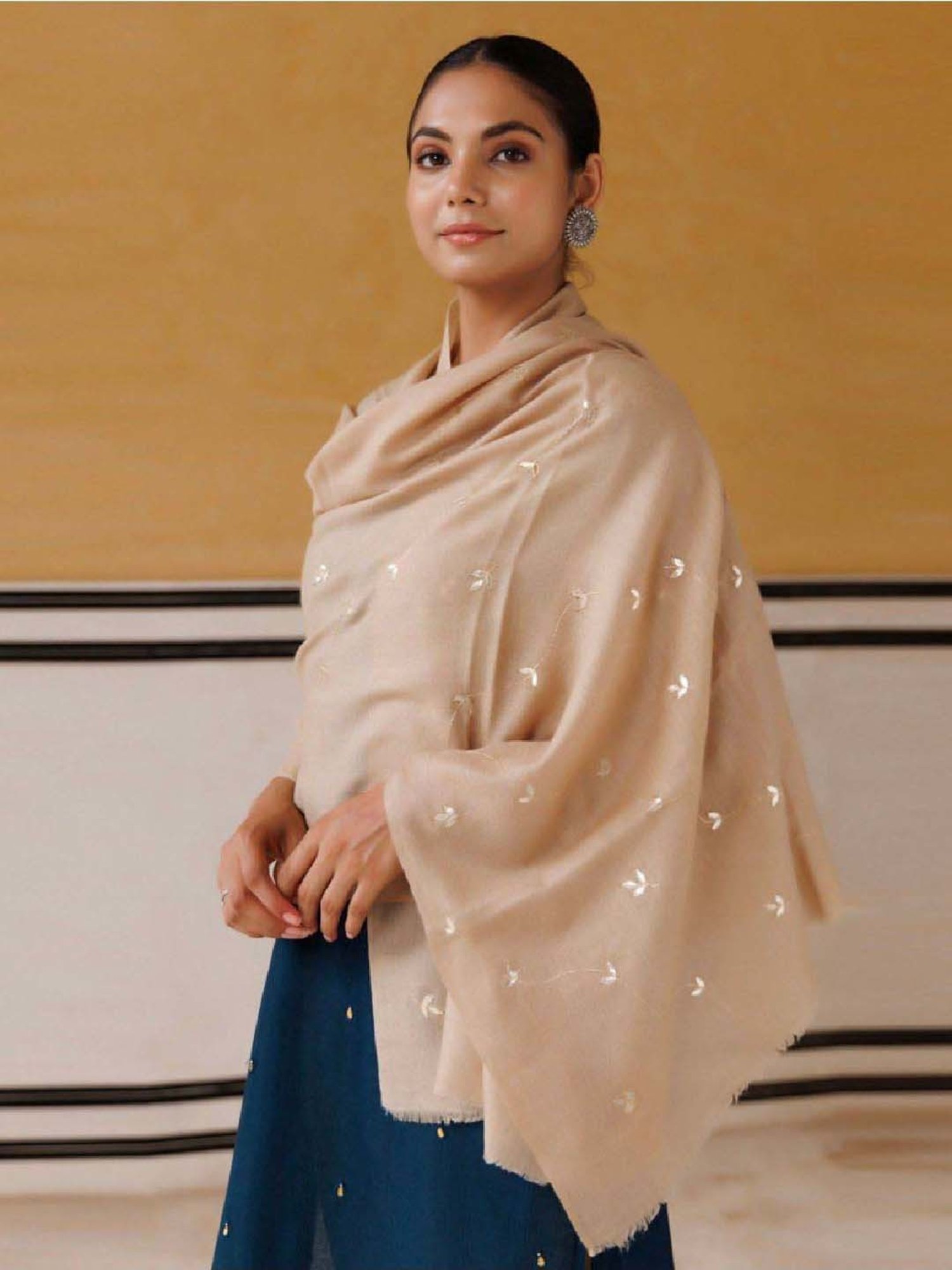 Geroo Jaipur Beige Hand Embroidered Gota Patti Woolen Shawl