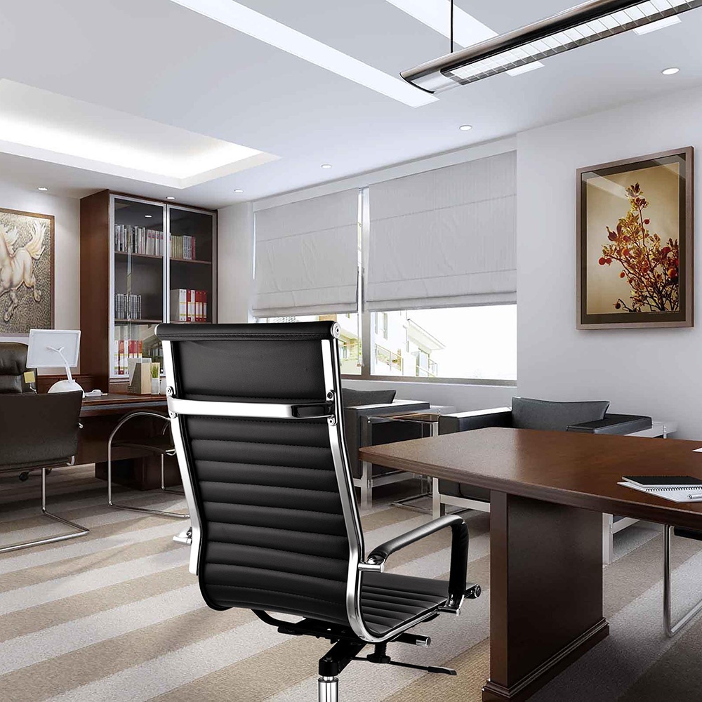 High Back PU Leather Ribbed Office Chair Contemporary Executive Computer Desk Black