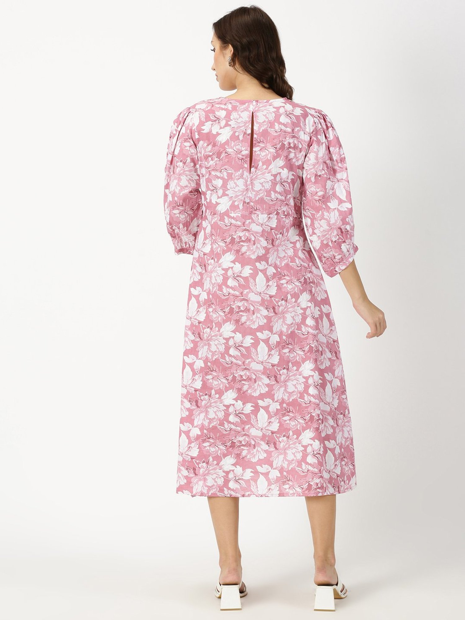 Saffron Threads Pink Floral Cotton Print Ethnic Dress