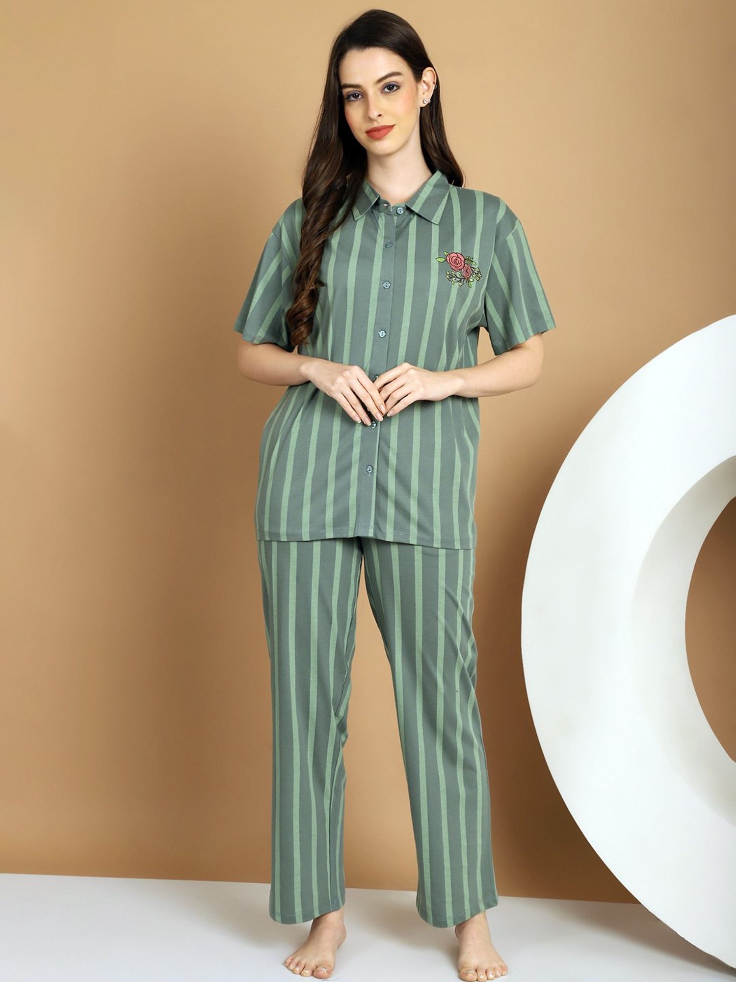 Kanvin Green Cotton Printed Shirt Pyjamas Set