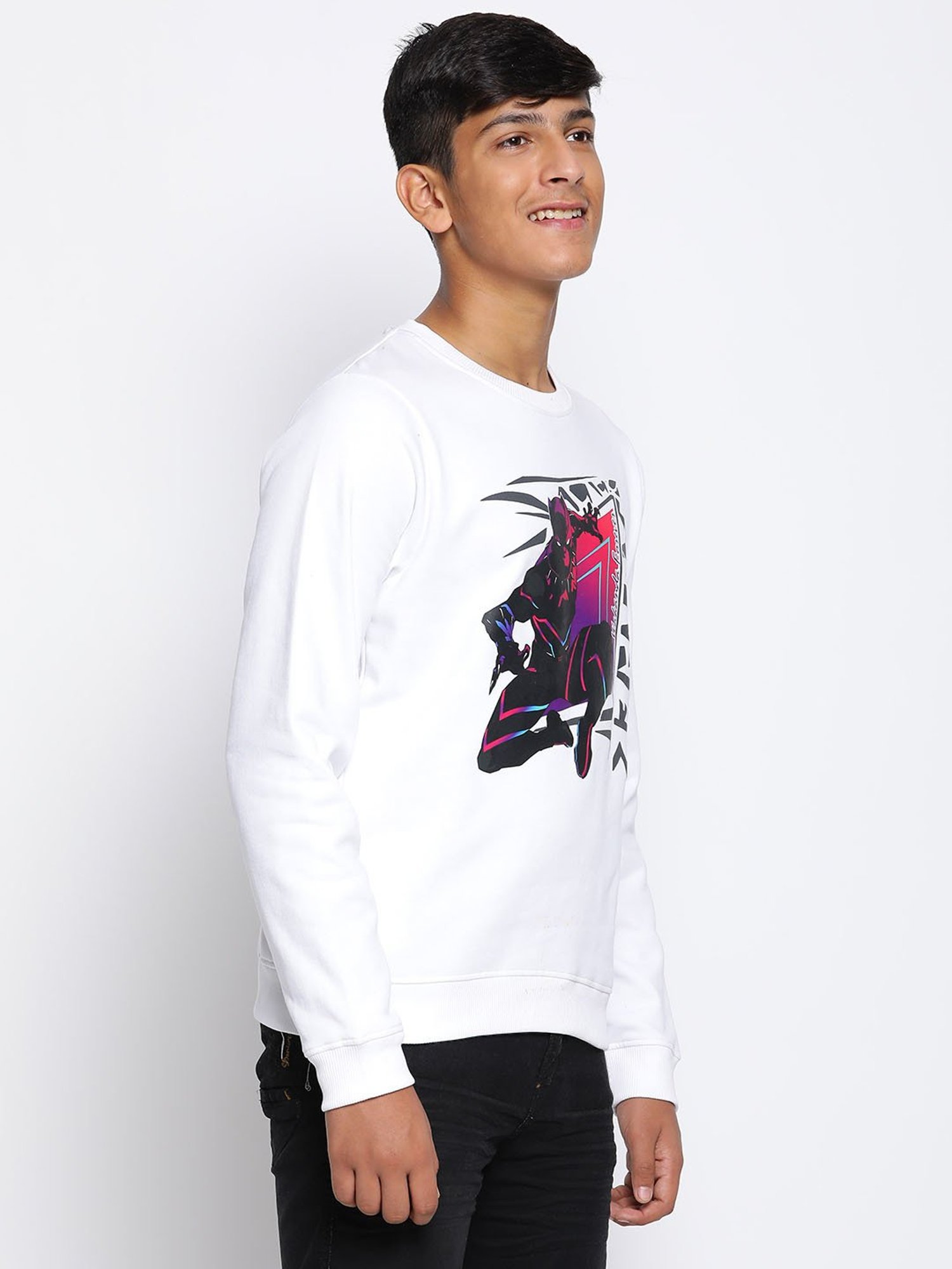 Lil Tomatoes Kids White Black Panther Print Full Sleeves Sweatshirt