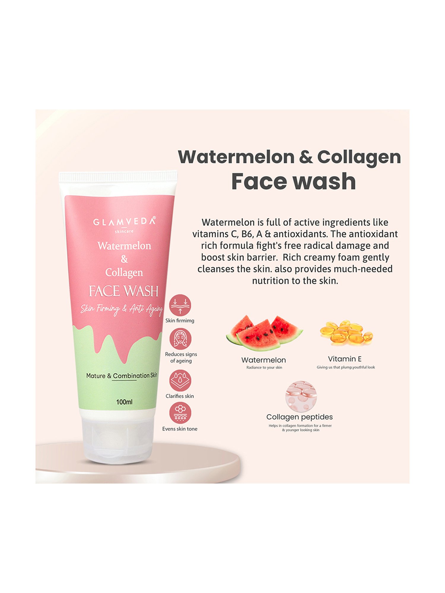 Glamveda Watermelon & Collagen Anti Ageing Face Wash and Peel Off Mask Combo