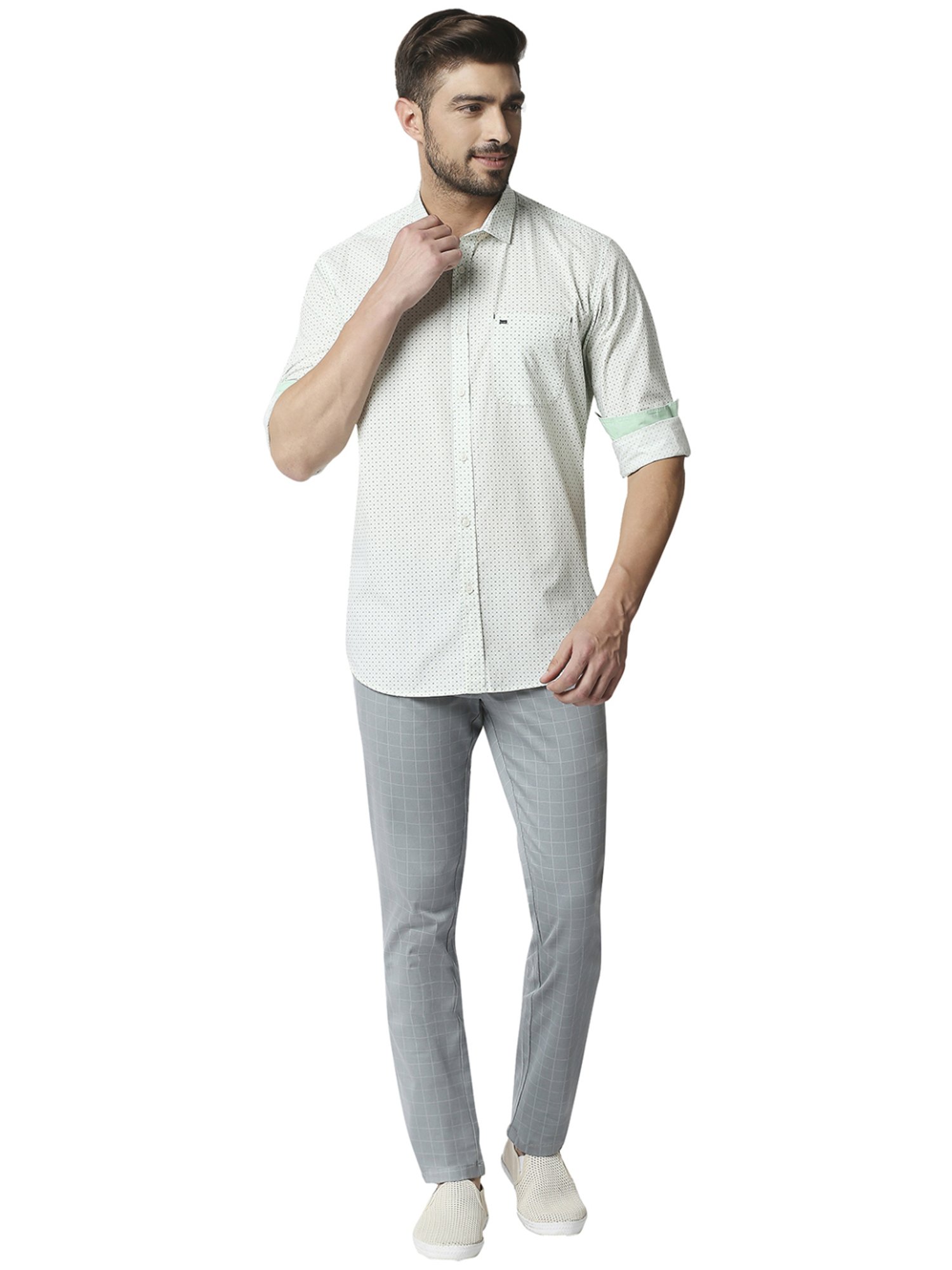 Basics Green Cotton Slim Fit Printed Shirt