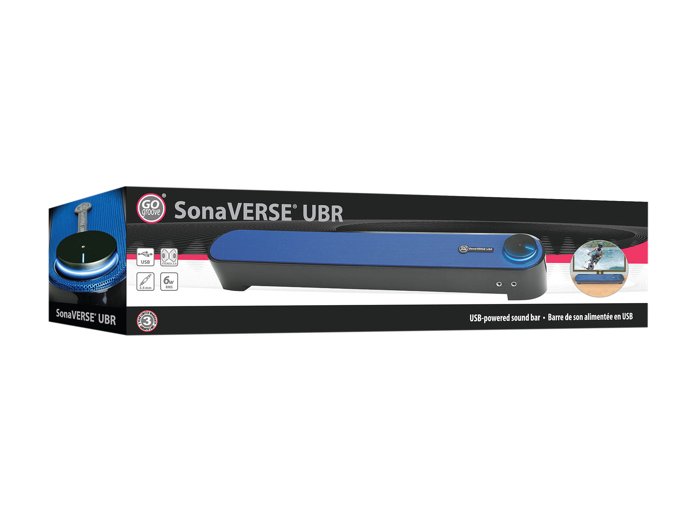Desktop Computer Sound Bar Speaker w/ Easy Access Headphone & Mic Jacks by GOgroove - SonaVERSE UBR (Blue) - USB Powered, LED accents, Compact 16.5" Length, Angled Design - Ideal for Small Desks