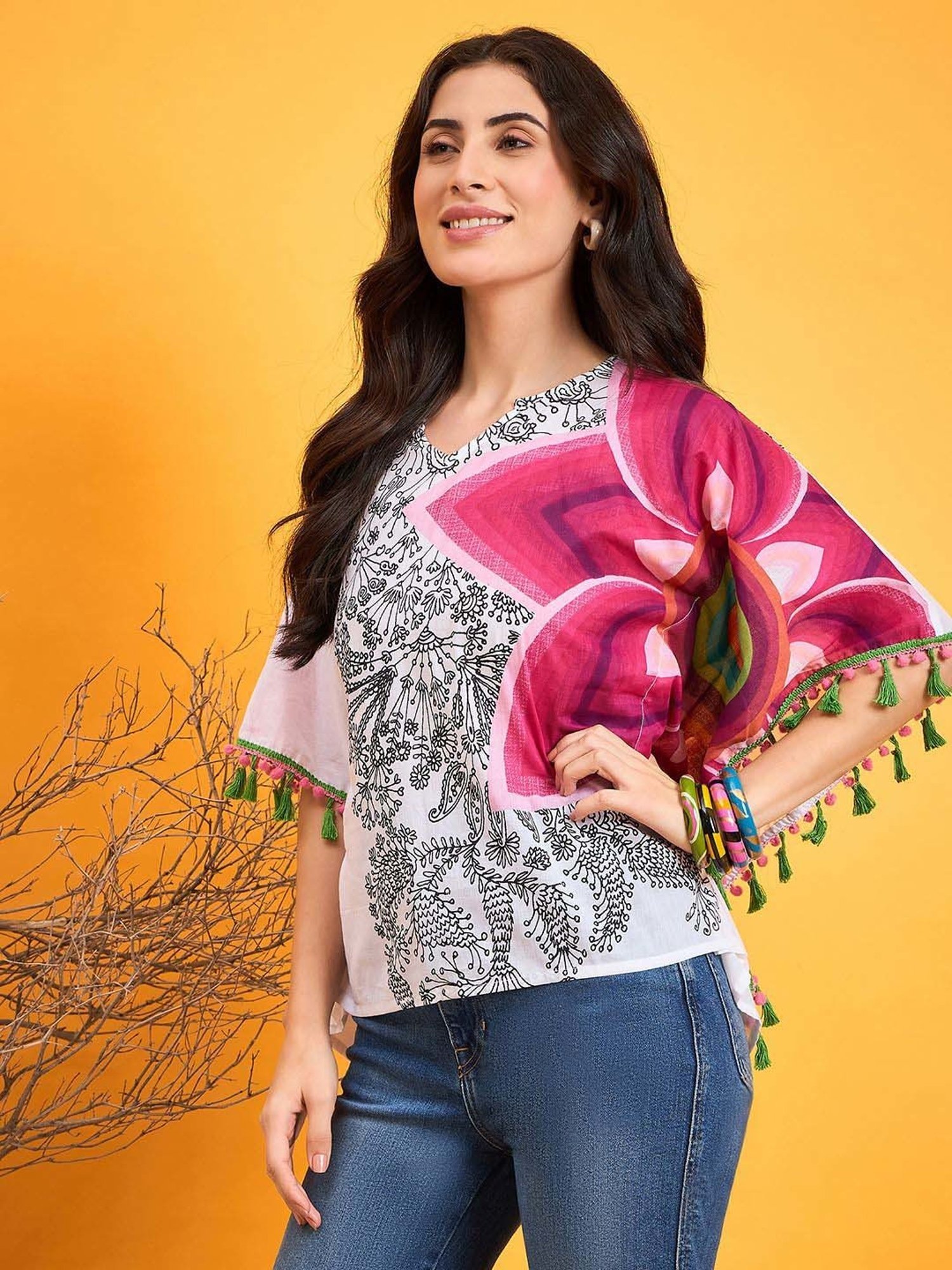 The Kaftan Company White Cotton Printed Kaftan Top