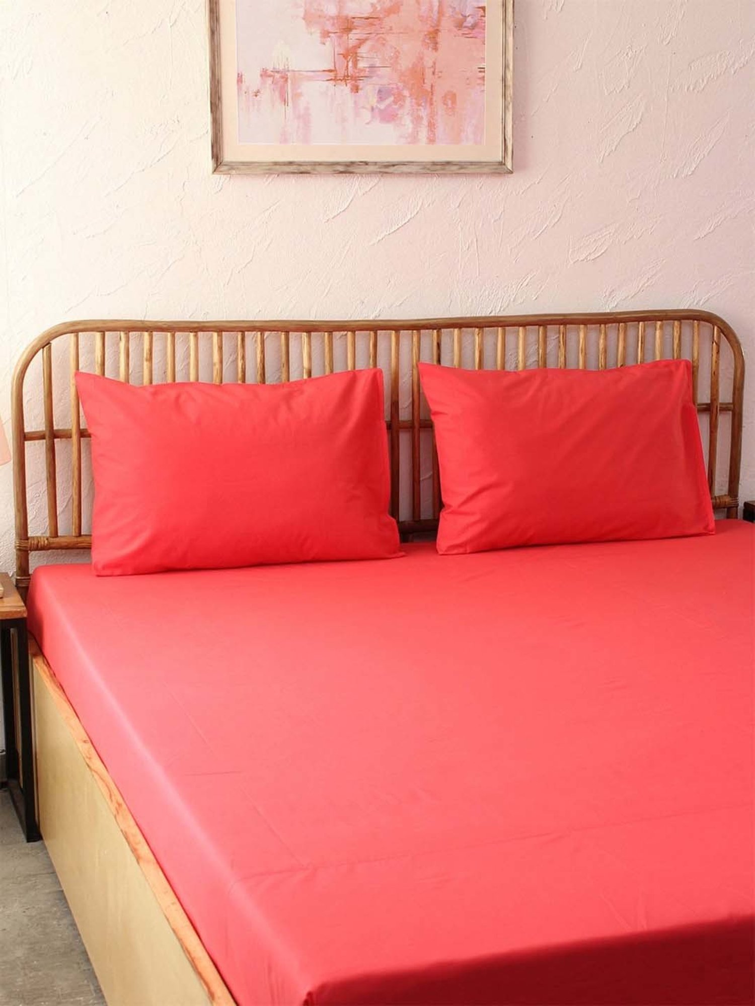 House This Sappan Solid Red Cotton Double Bed Sheet with 2 Pillow Covers