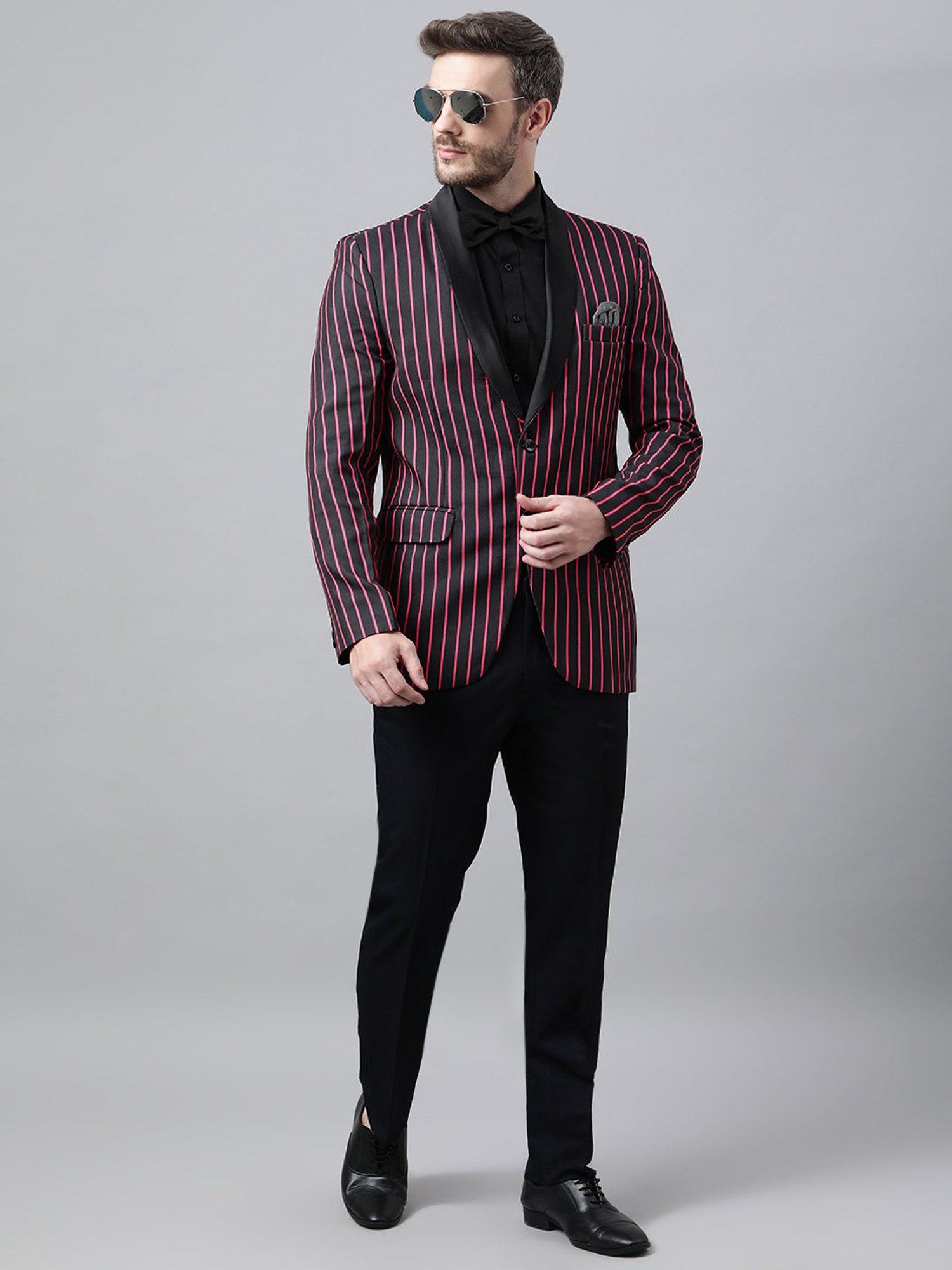 Hangup Plus Black & Pink Regular Fit Striped Blazer