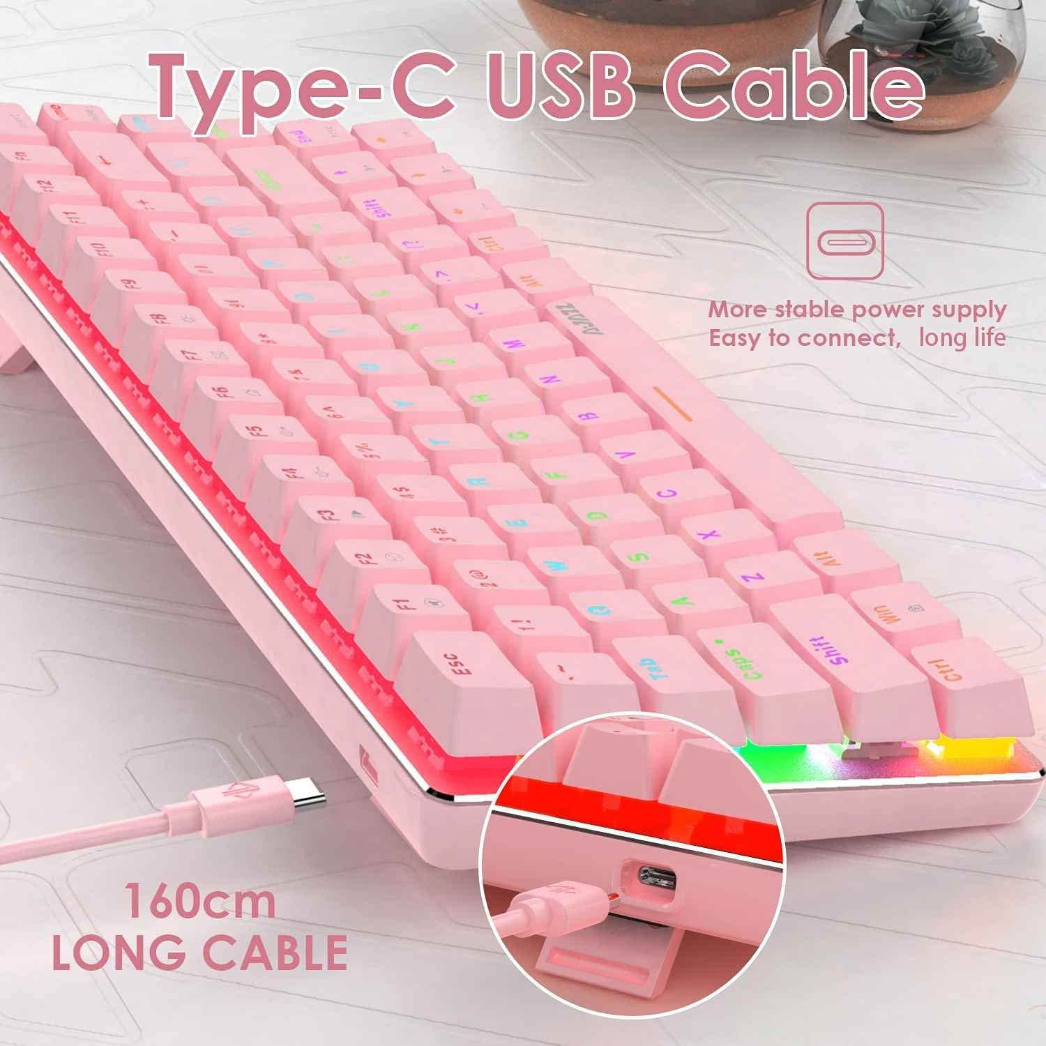 Pink Mechanical Keyboard, Rainbow LED Backlit Detachable USB Cable 82 Keys Compact Gaming Keyboard and Mouse Pad with Anti-Ghosting Key Compatible with Windows PC Laptop Mac Game Office