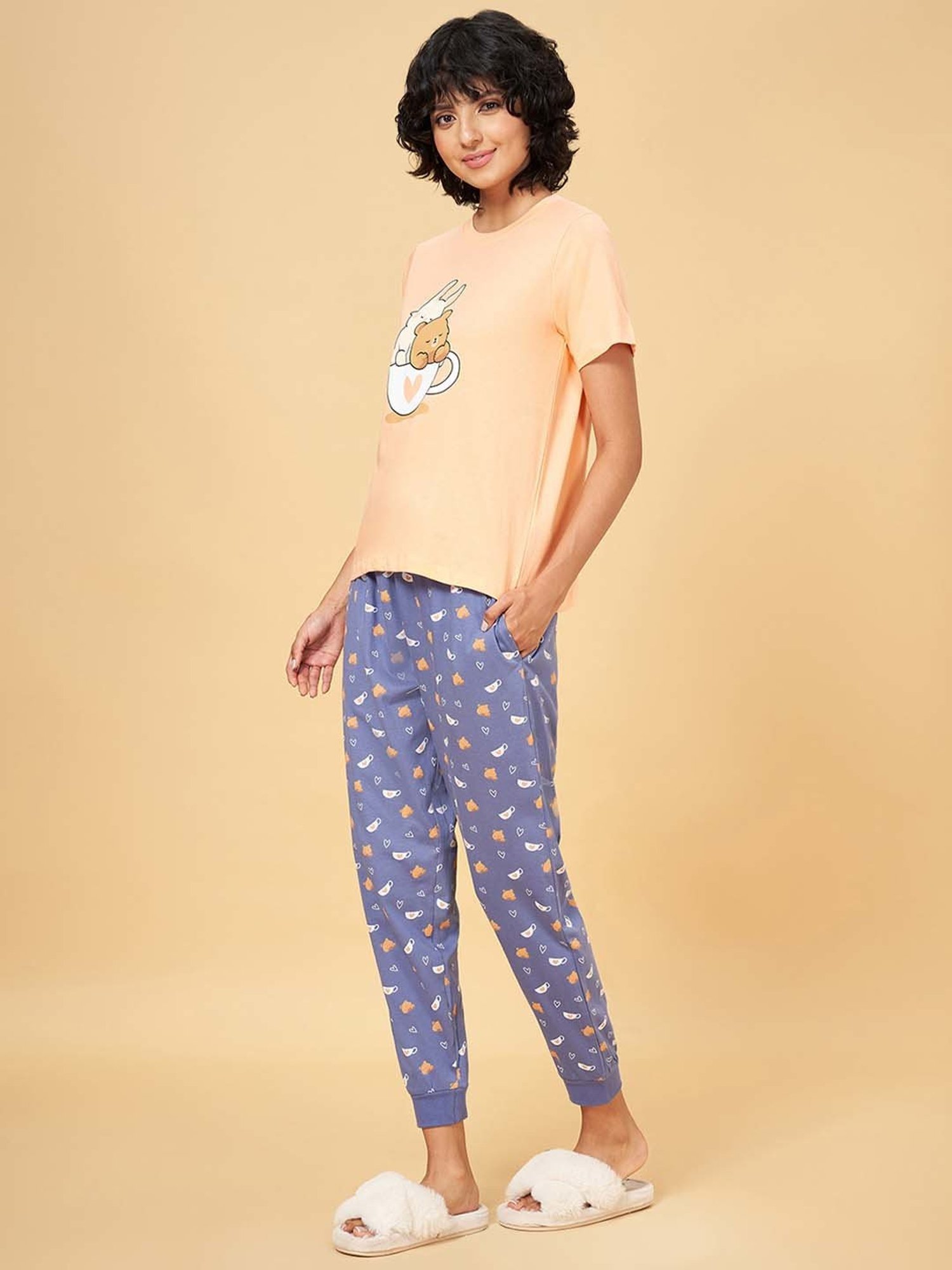 YU by Pantaloons Orange & Blue Cotton Printed T-Shirt Pyjamas Set