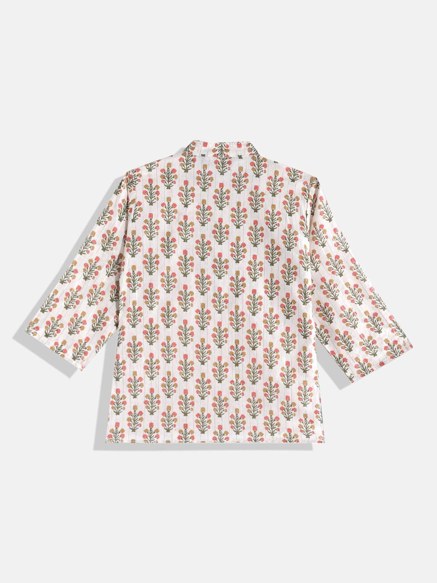 READIPRINT FASHIONS Kids Cream & White Floral Print Full Sleeves Kurta, Nehru Jacket with Pyjamas