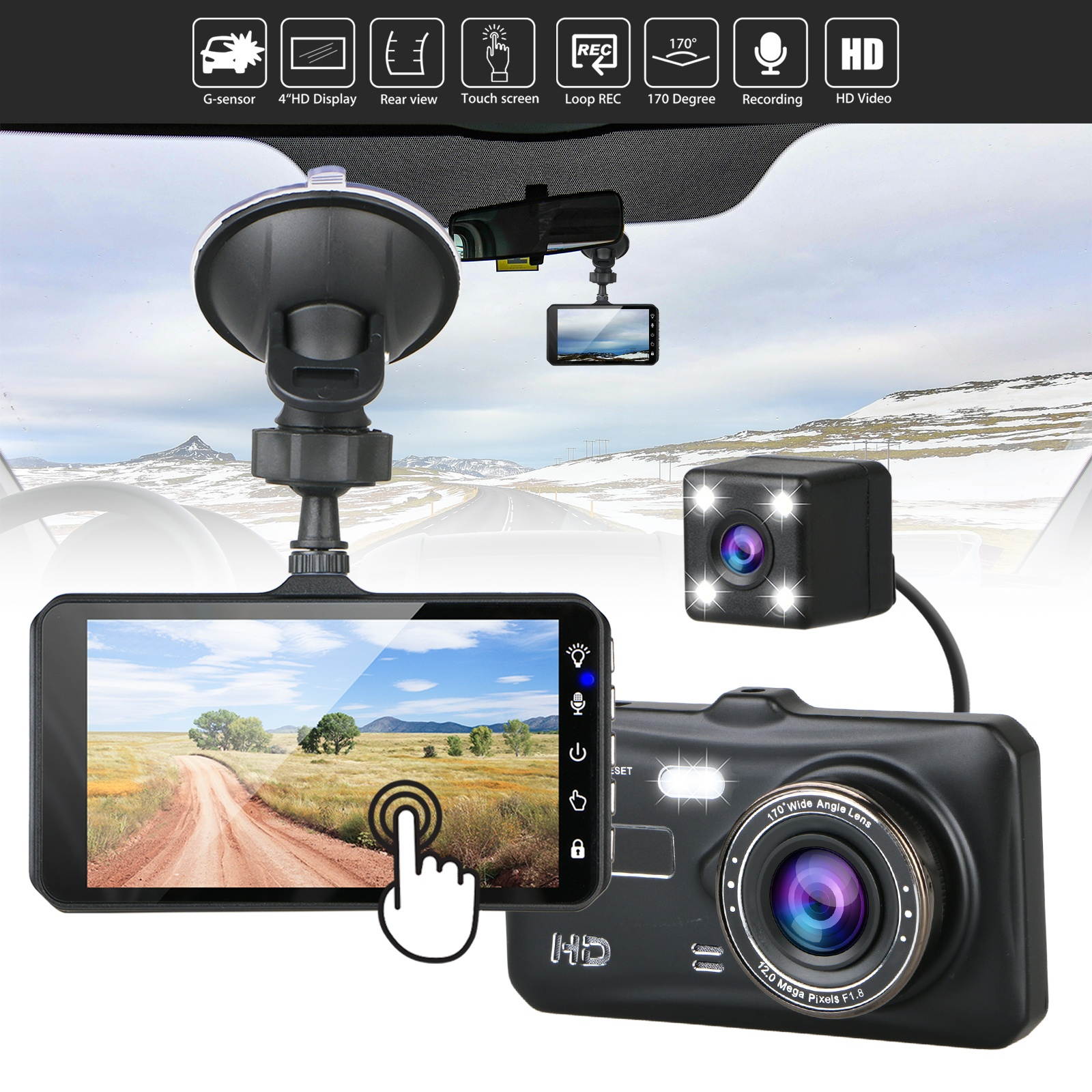 3/4'' Wifi 1080P Dual Lens G-Sensor Car DVR Dash Cam Rear Recorder Camera 170&deg;