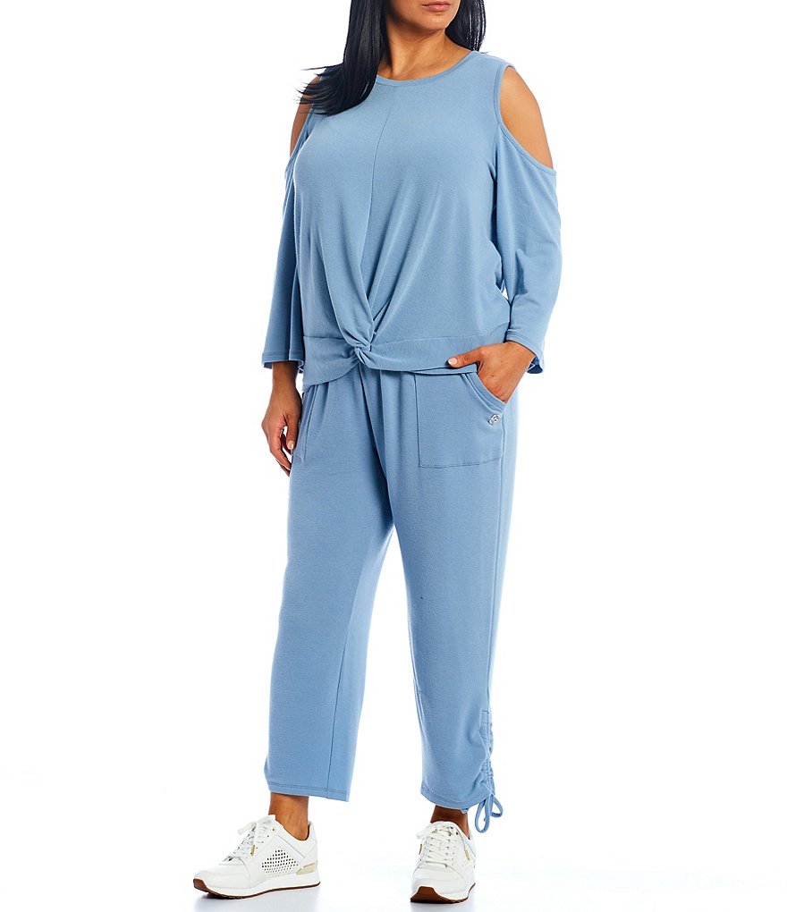 MICHAEL Michael Kors Plus Size Brush Back Knit Terry Jewel Neck Cold Shoulder 3/4 Sleeve Twist Hem Top