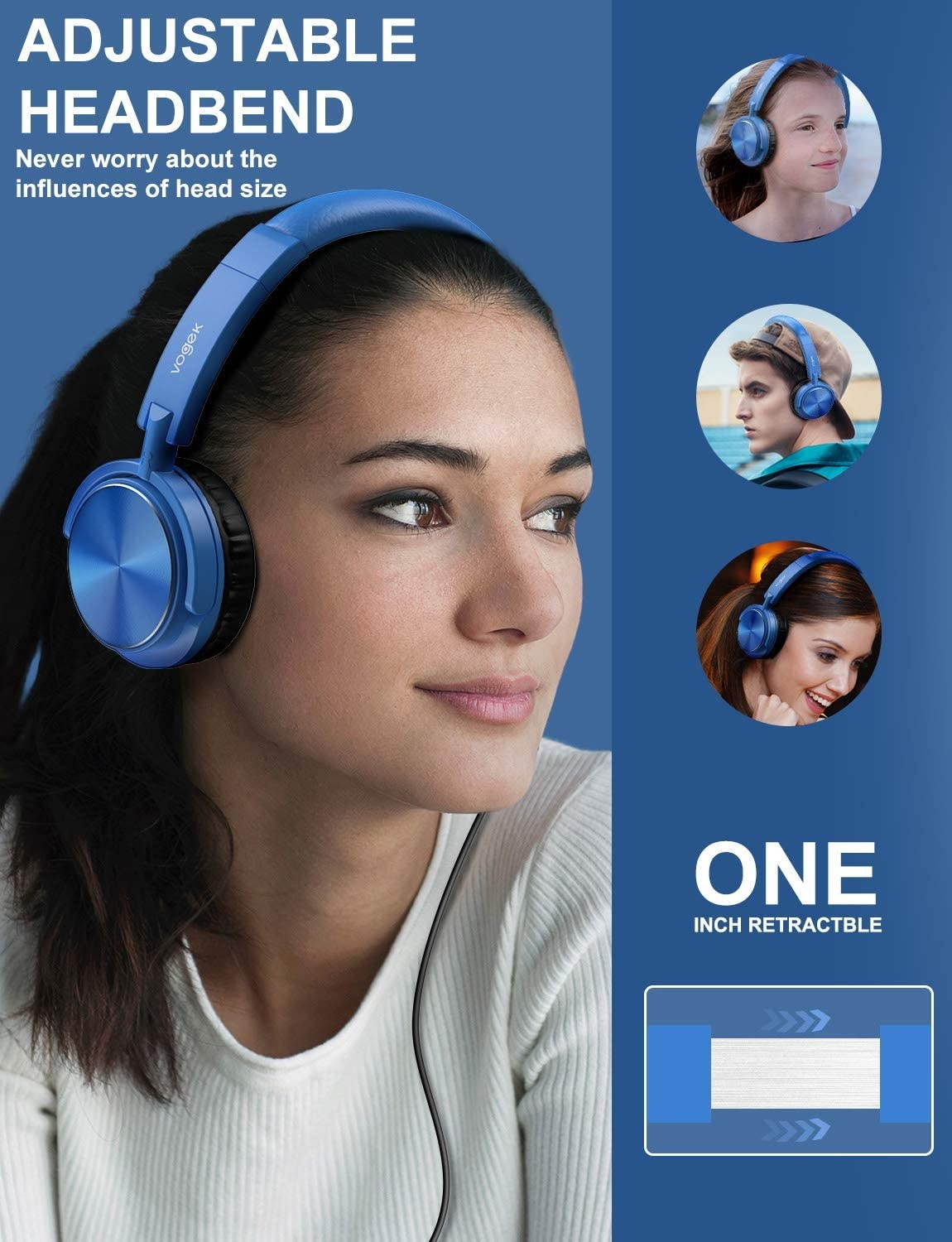 Vogek Foldable Headphones with Microphone Portable Wired Headset with Deep Bass Safe Volume Limited 94dB Adjustable Headband and Noise Isolation for Kids Students Teens (Blue)