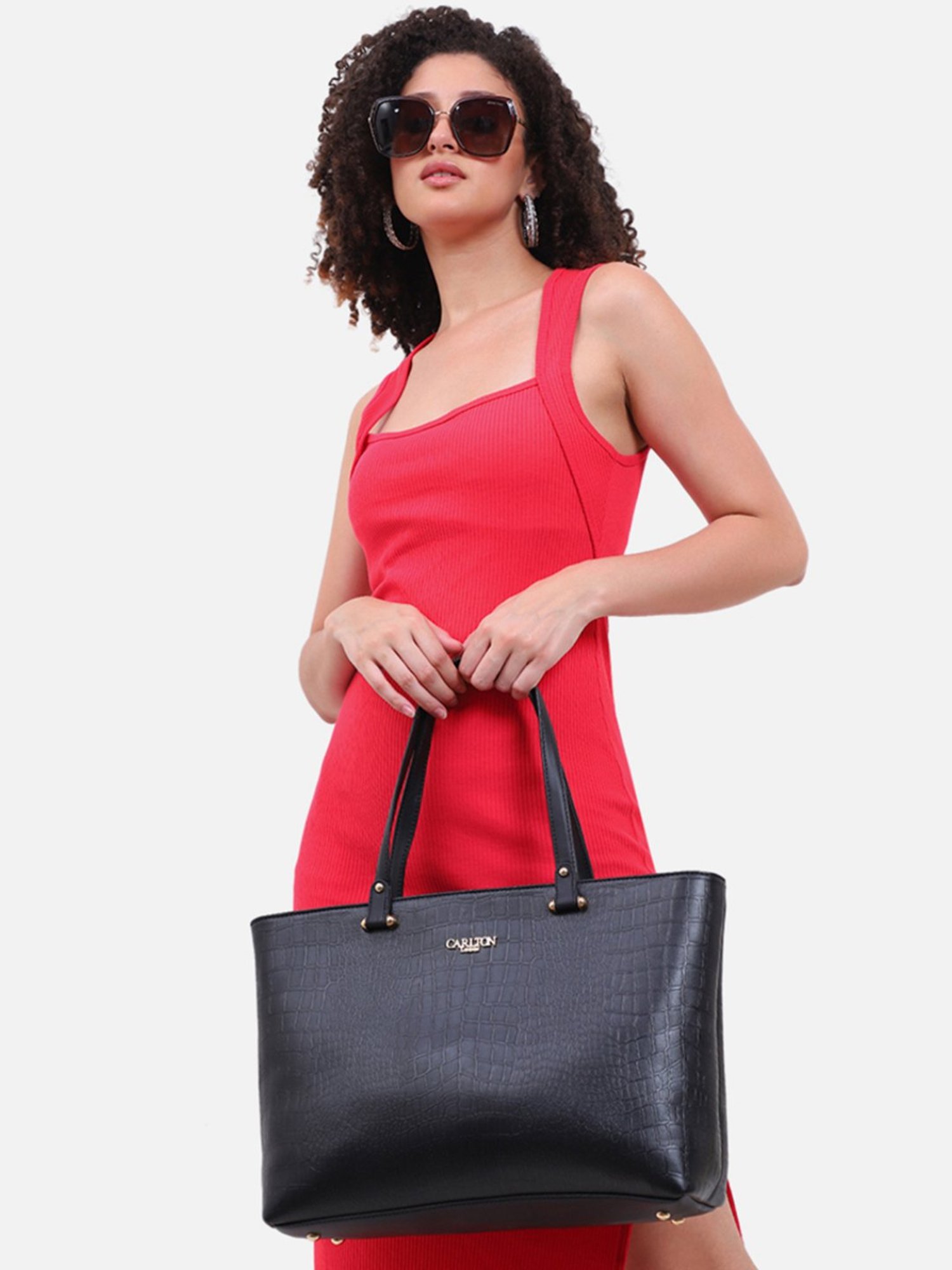 Carlton London Black Textured Medium Tote Handbag