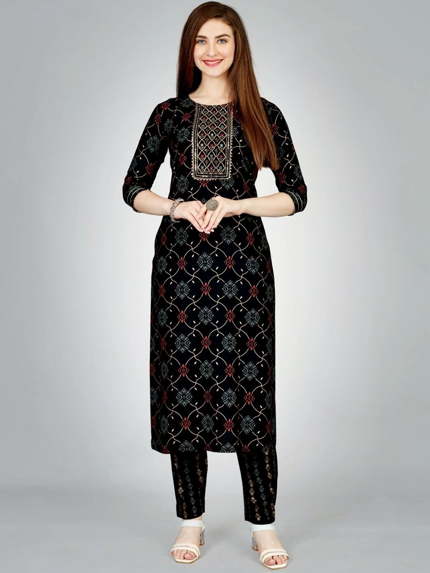 Odette Black Printed Kurta Pant Set