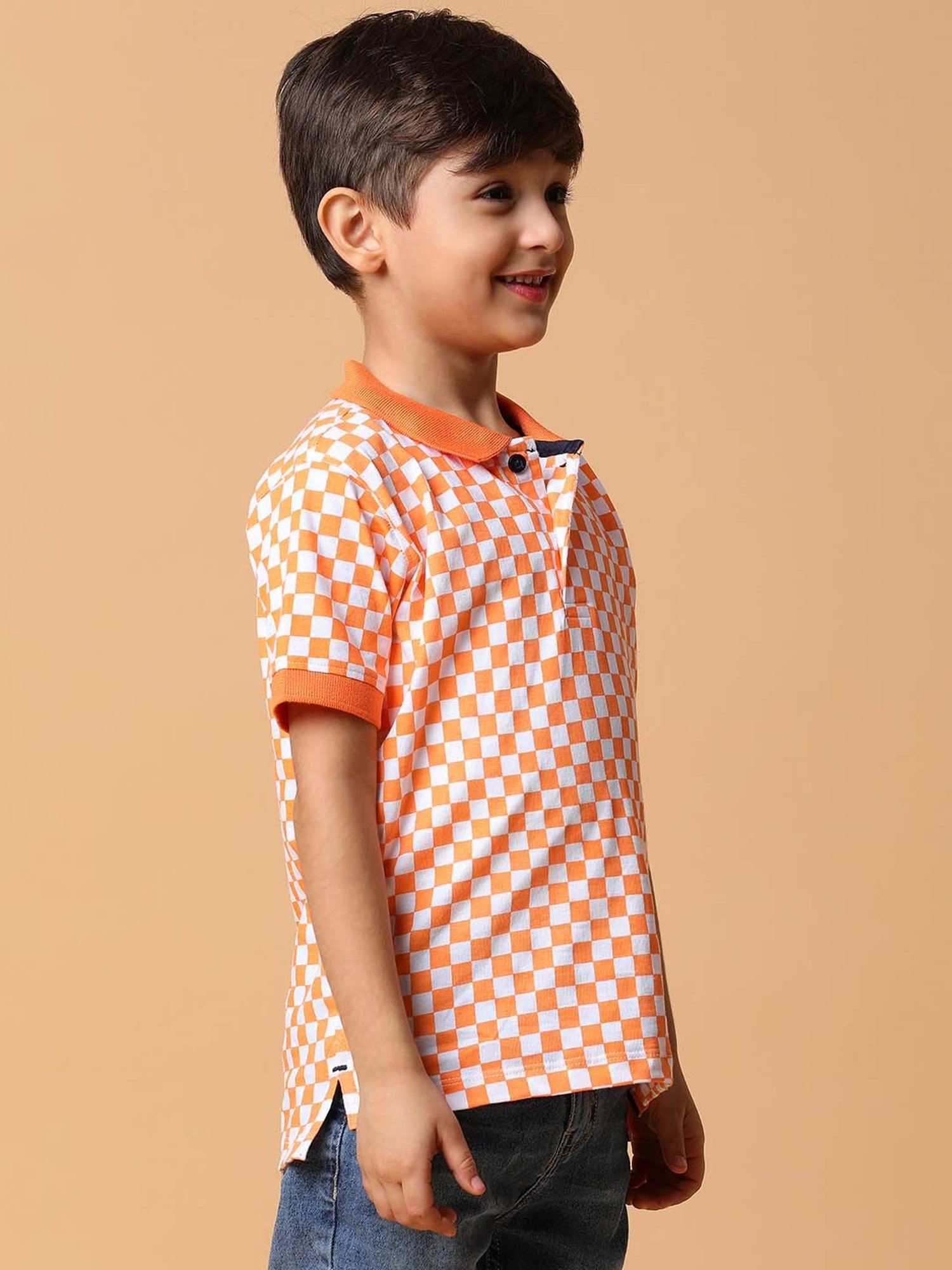 Tales & Stories Kids Orange & White Cotton Chequered Polo T-Shirt