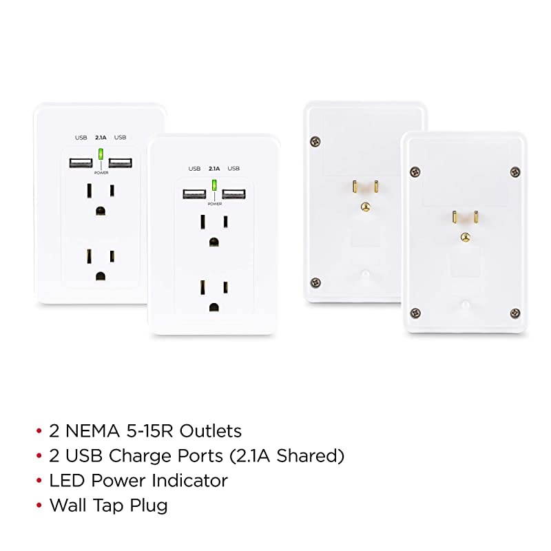 MP18HO007 Power Wall Tap 2 Outlets 2 USB Charge Ports 2Pack