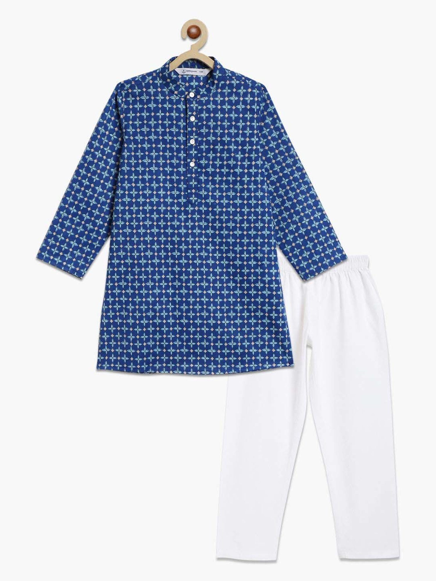 Campana Kids Blue & White Cotton Printed Full Sleeves Kurta & pyjama